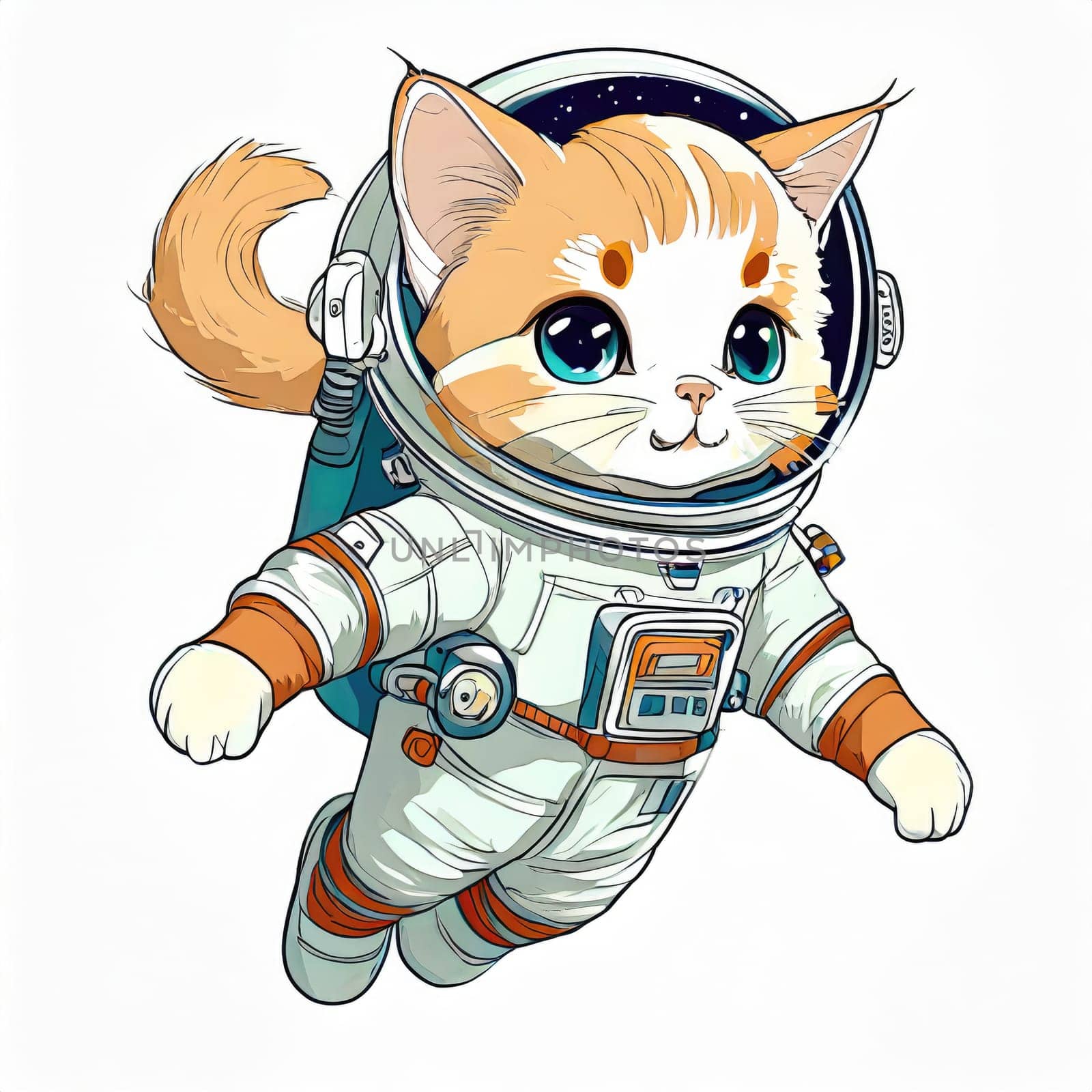 Anime cute a cat in astronaut uniform on flying, white background 