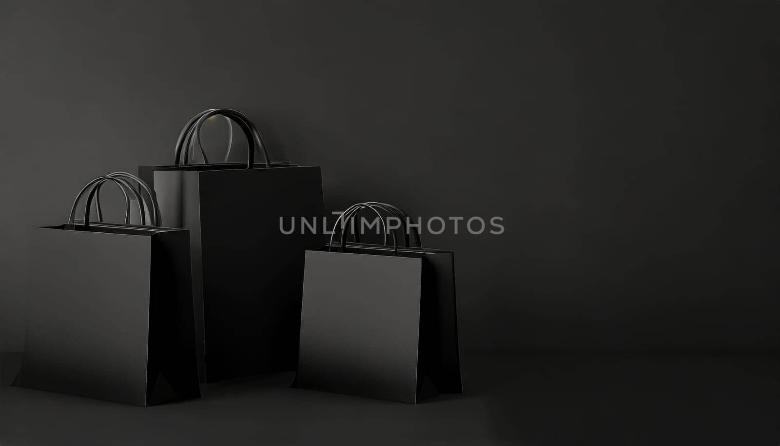 Black Friday concept. black paper shopping bags on black background. Black friday banner sale, shopping.