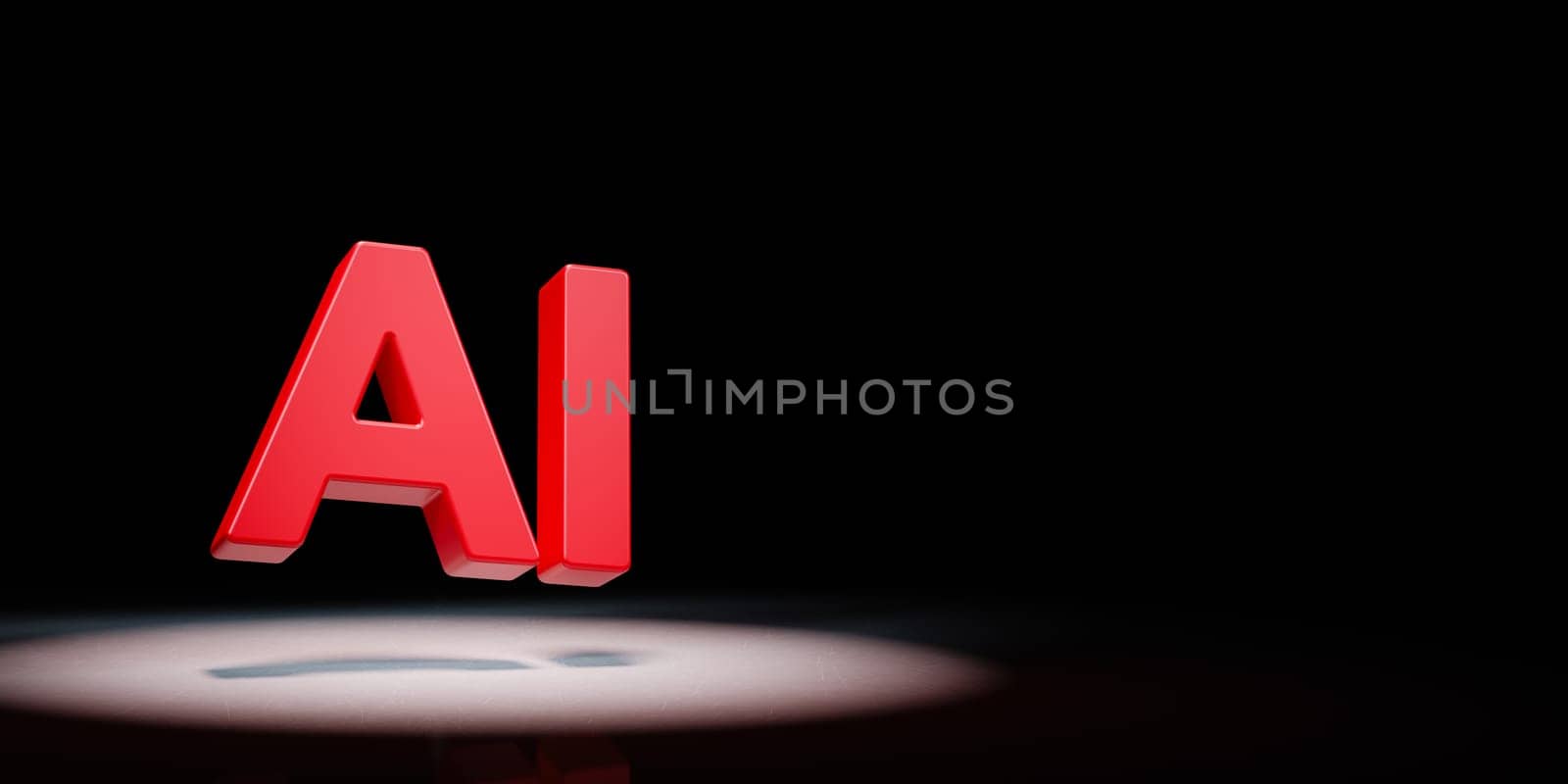 Red AI 3D Text Spotlighted on Black Background with Copy Space 3D Illustration