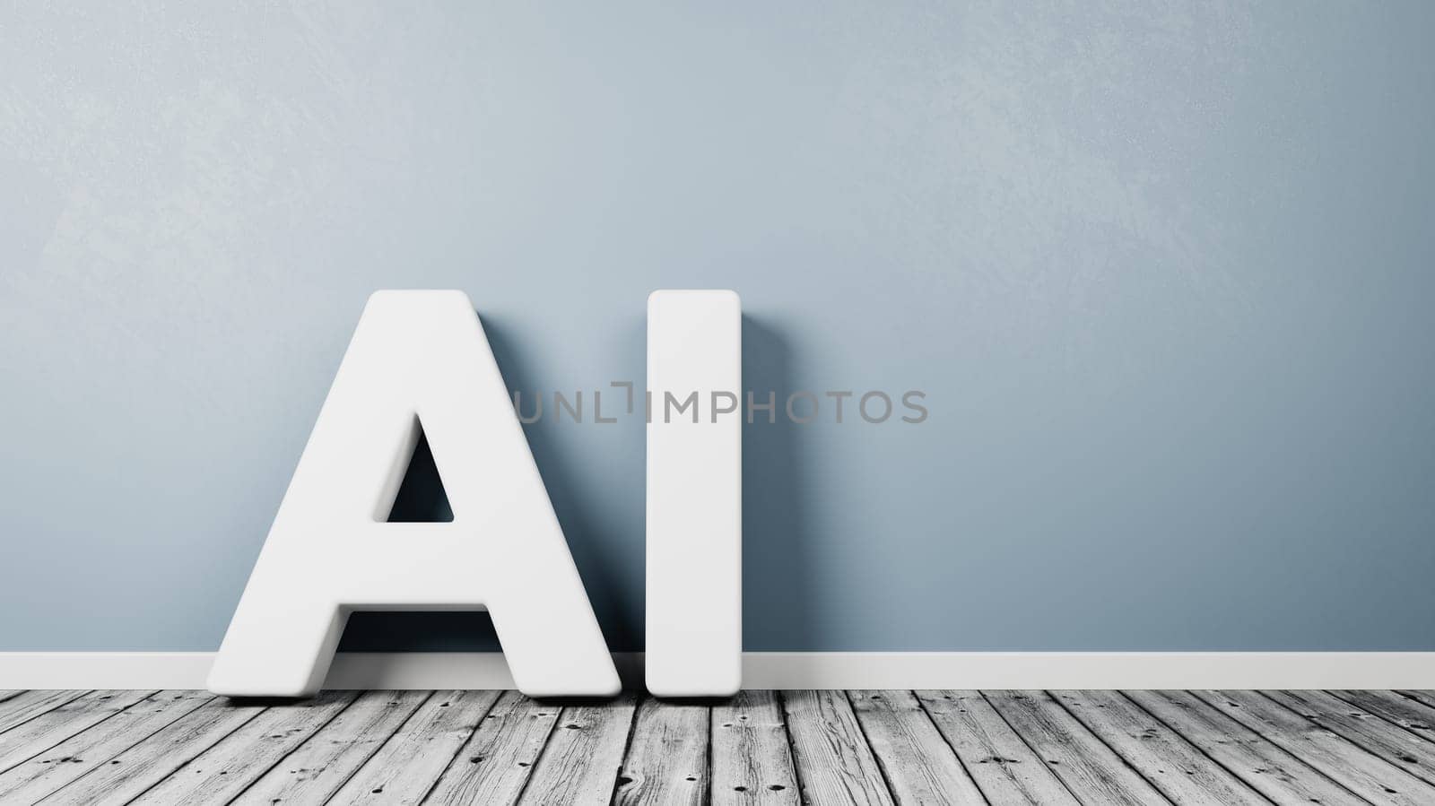 White AI Text 3D Shape on Wooden Floor Against Blue Wall with Copy Space 3D Render Illustration