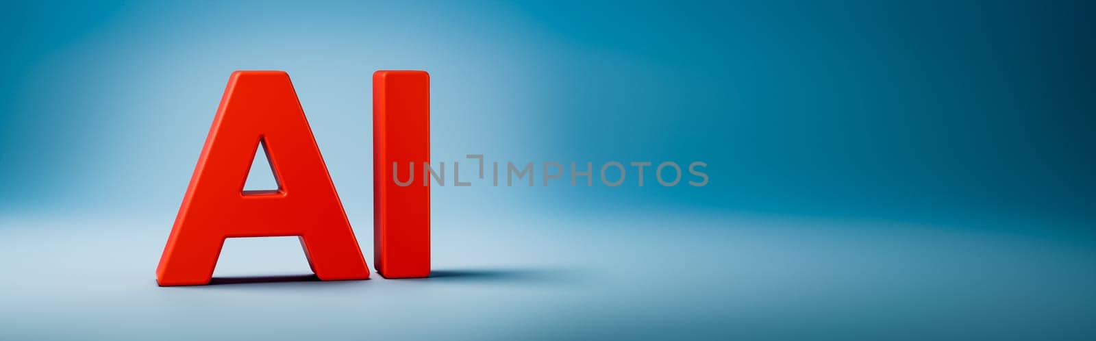 Red AI 3D Text on Blue Background with Copy Space 3D Illustration