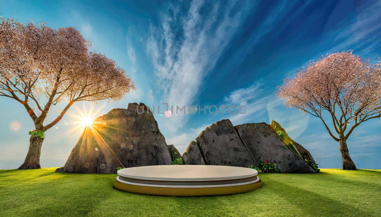 3D products podium rock stone with landscape background, minimal scene for product placement, pedestal,. AI generated. by PeaceYAY