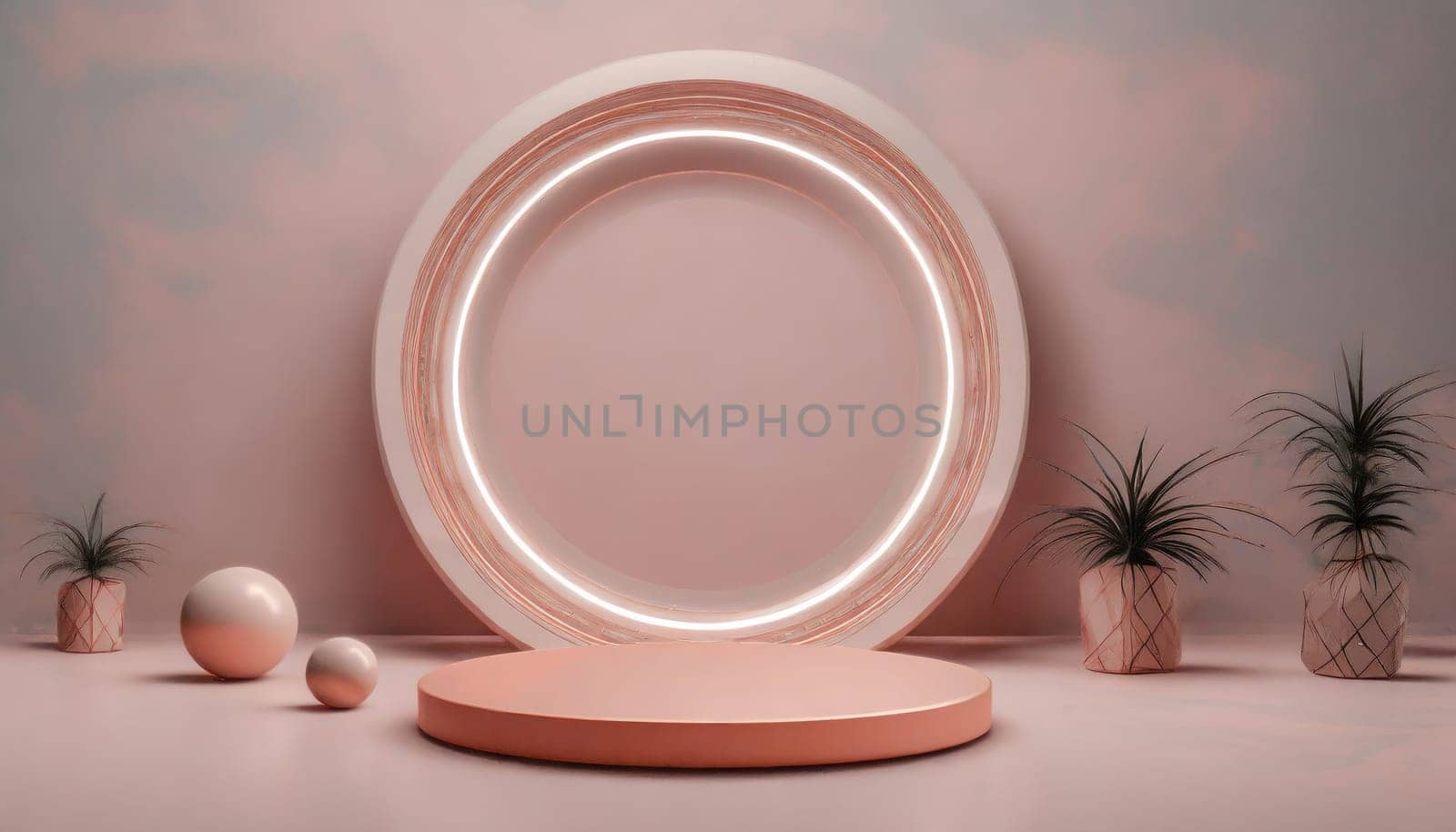 Valentine concept. landscape scene with product stand and neon light. podium with pink neon landscape. AI generated. by PeaceYAY