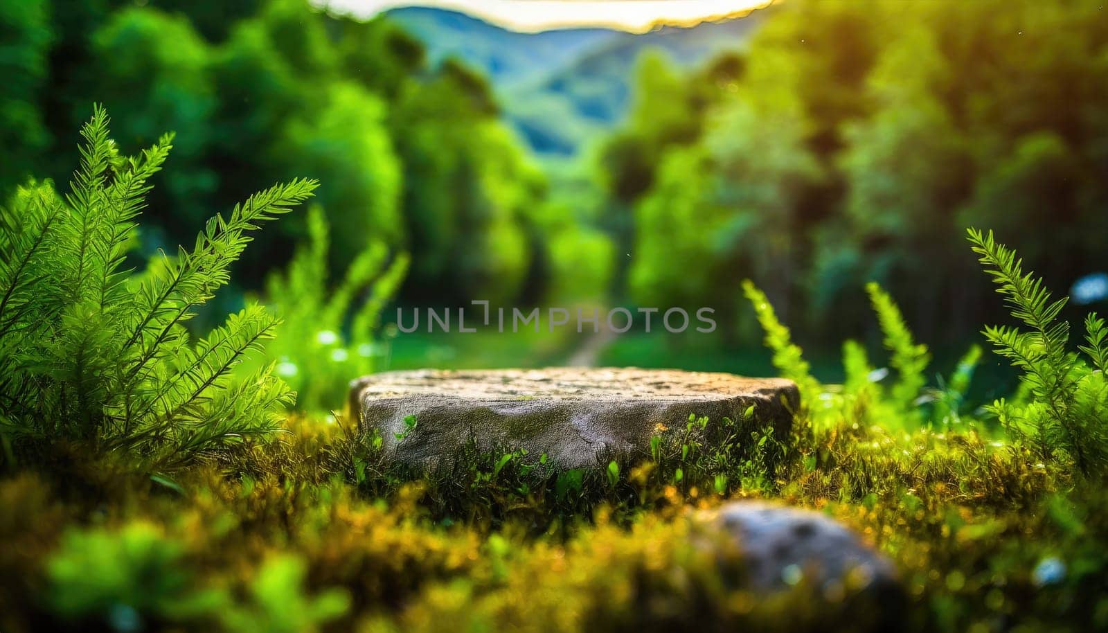 3D display podium green background with natural green grass and sun shadow. Nature minimal pedestal, beauty, cosmetic product presentation