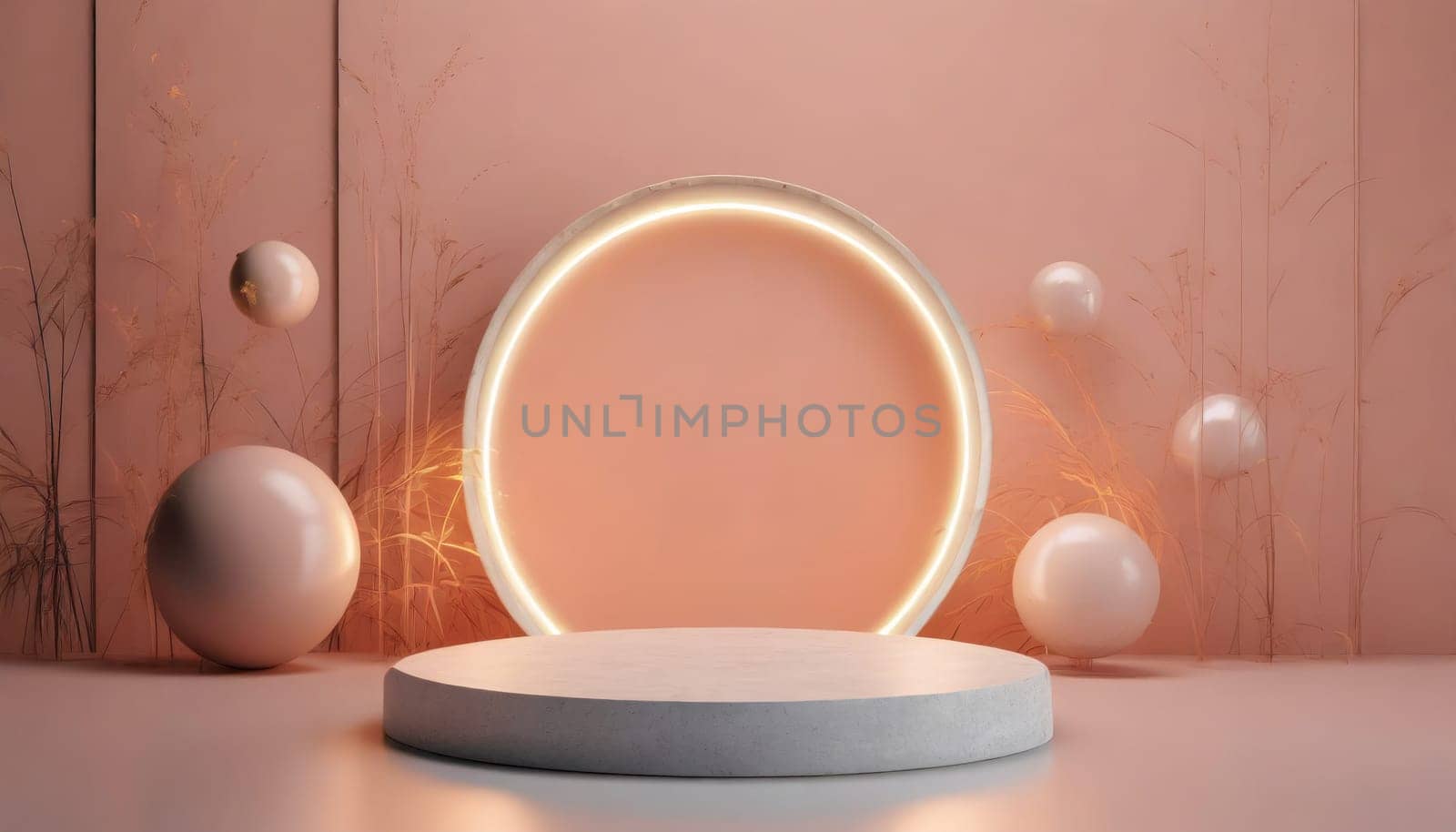 pink platform with neon shining and transparent glass rings. Geometric shapes composition with empty space for product design show.. AI generated. by PeaceYAY