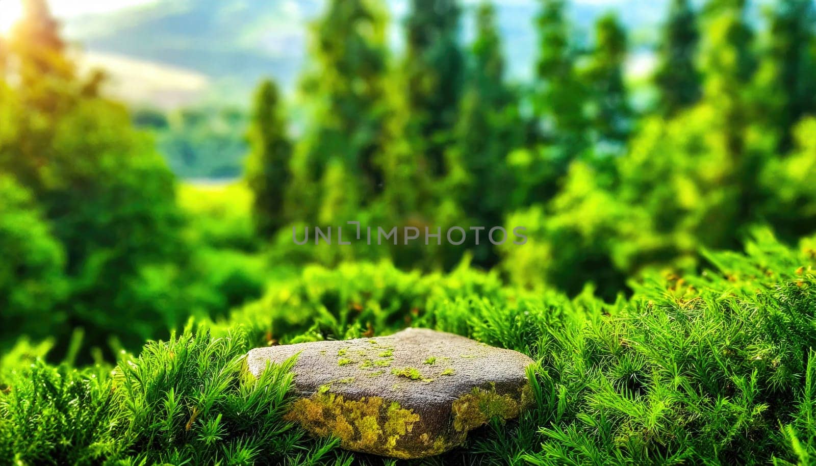 3D display podium green background with natural green grass and sun shadow. Nature minimal pedestal, beauty, cosmetic product presentation