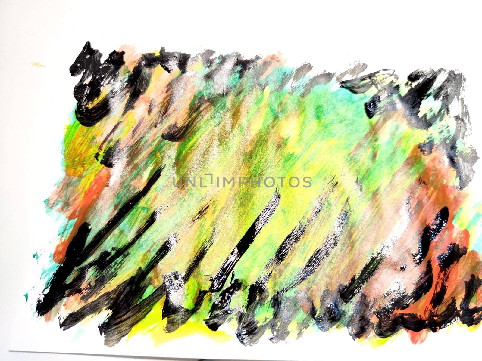 Background made of abstract painting with watercolor paints with water stains, waves and lines in yellow, green, red and black colors. Texture, pattern, frame, copy space and place for text