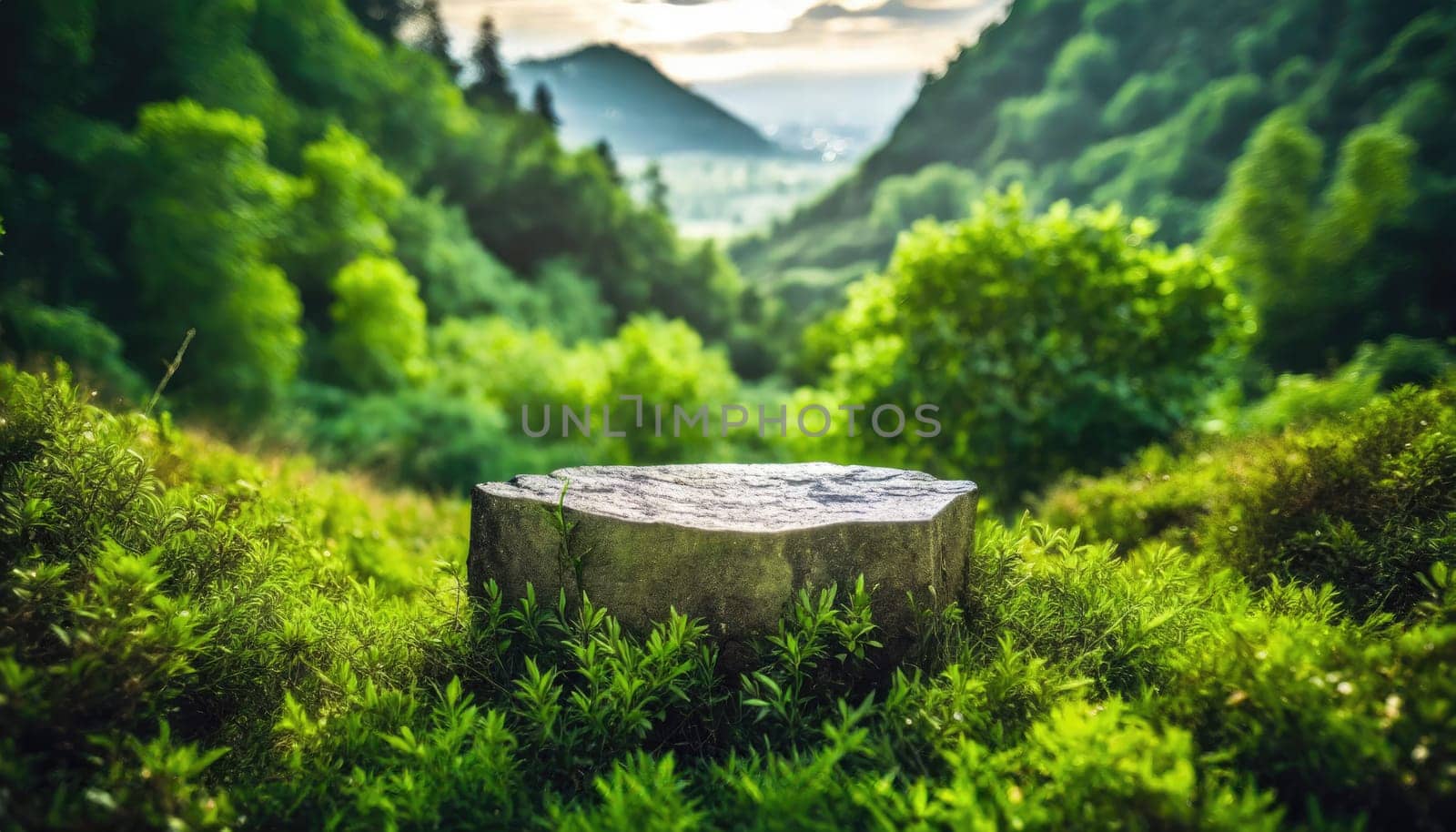3D display podium green background with natural green grass and sun shadow. Nature minimal pedestal, beauty, cosmetic product presentation. AI generated. by PeaceYAY