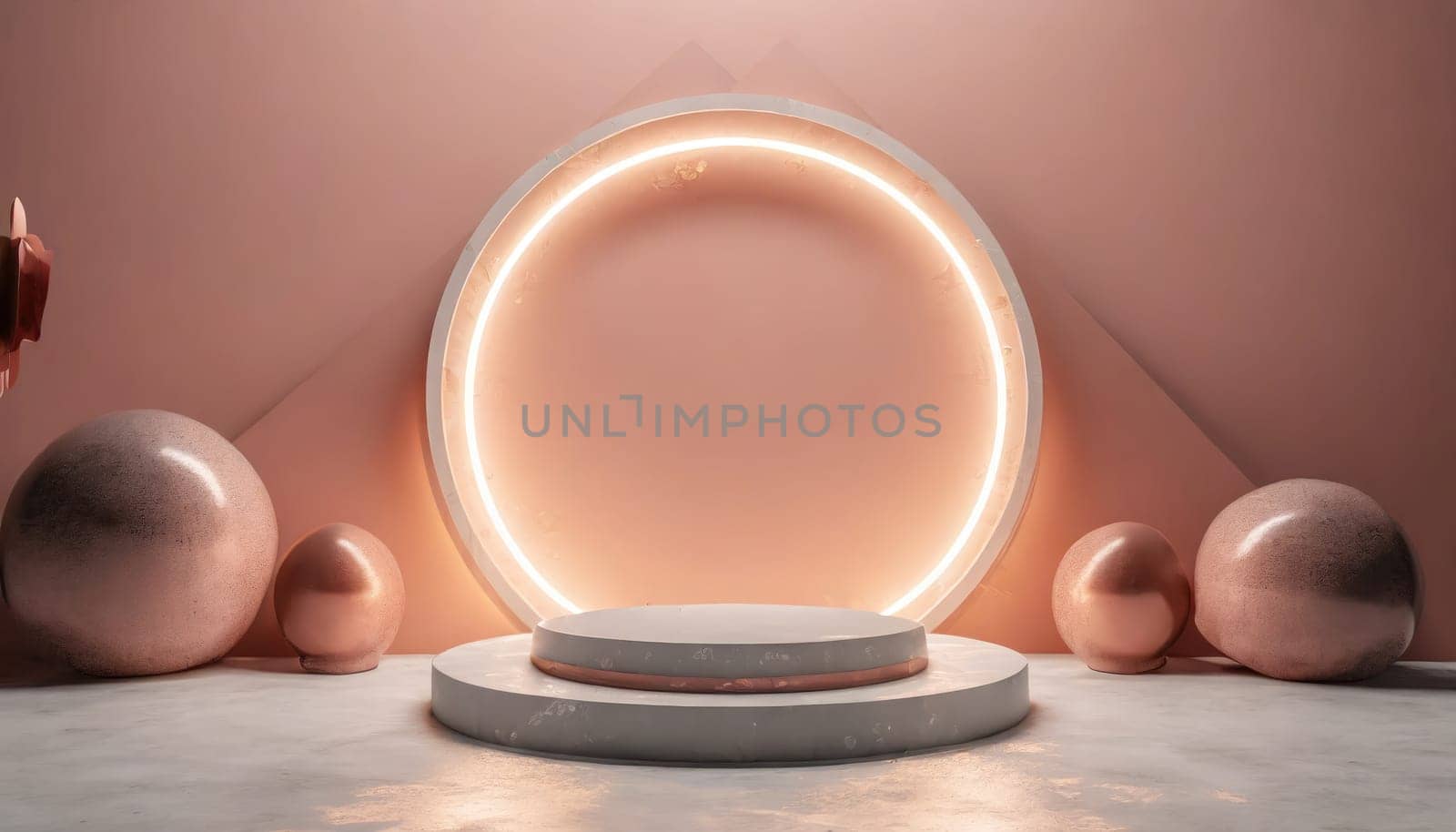 Valentine concept. pink platform with neon shining and transparent glass rings. Geometric shapes composition with empty space for product design show.