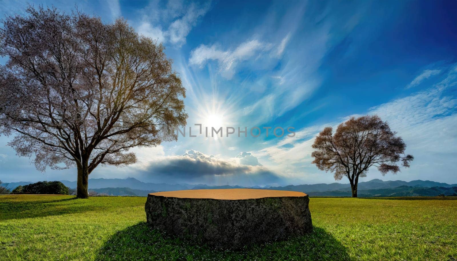 3D products podium rock stone with landscape background, minimal scene for product placement, pedestal,