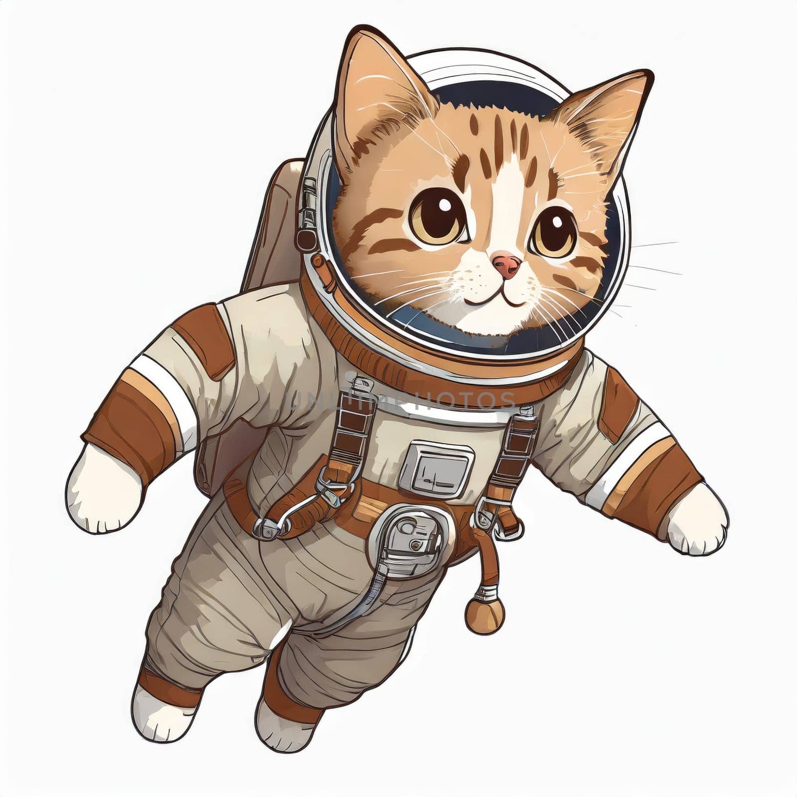 Anime cute a cat in astronaut uniform on flying, white background 