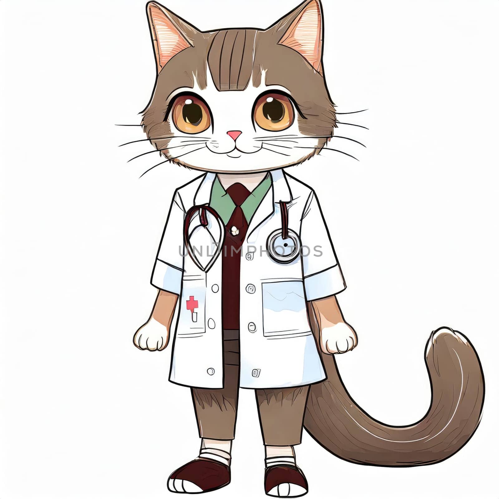 Anime cute a cat in doctor uniform on white background. AI generated. by PeaceYAY