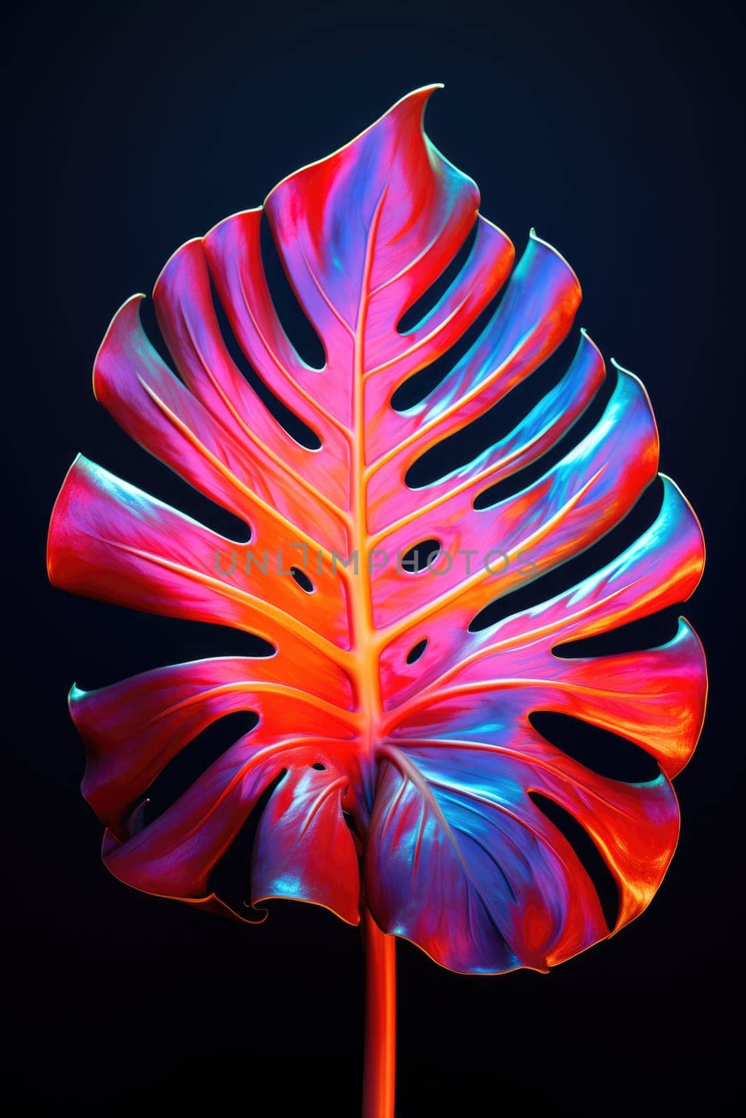 neon tropical monstera leaf on black background. AI Generated