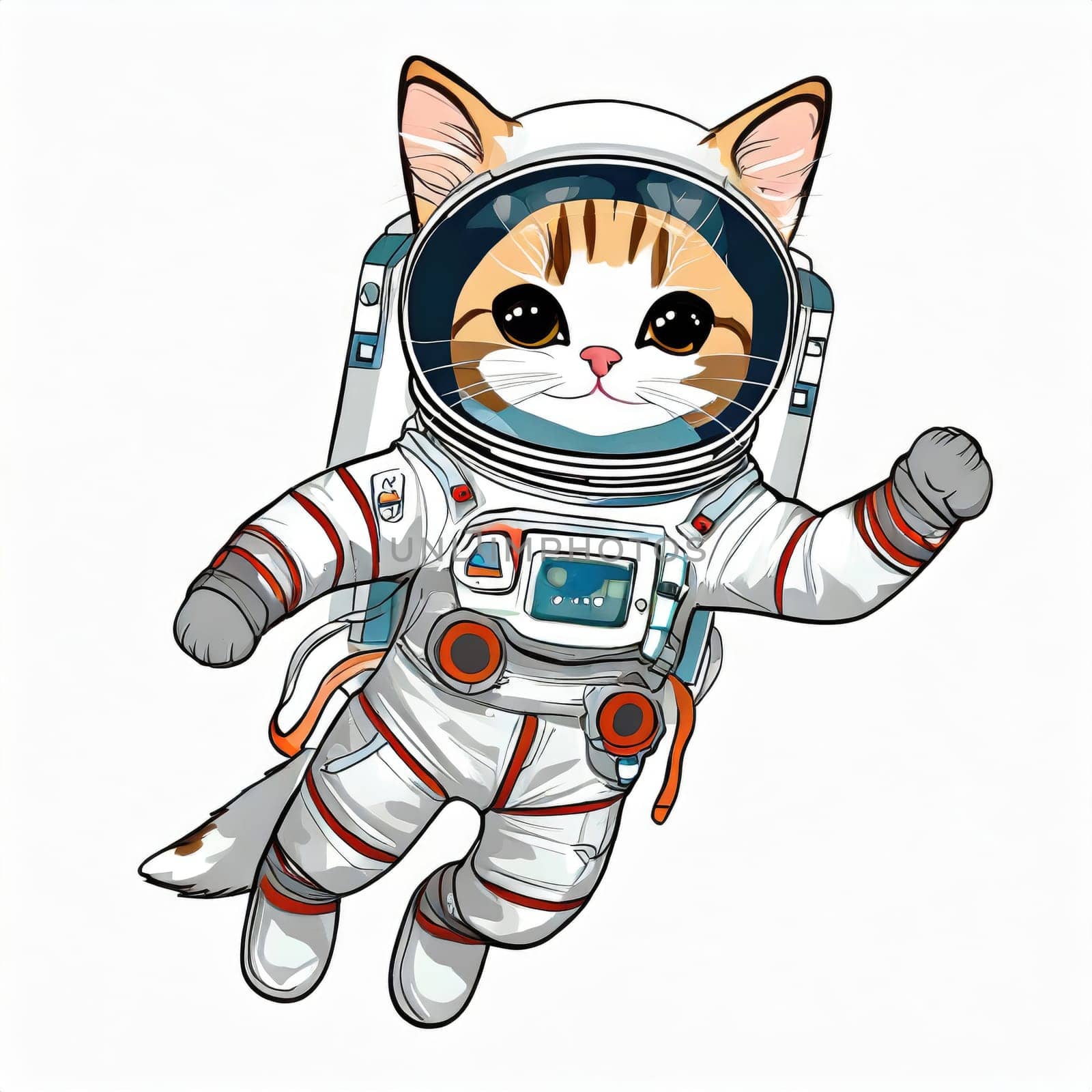 Anime cute a cat in astronaut uniform on flying, white background 