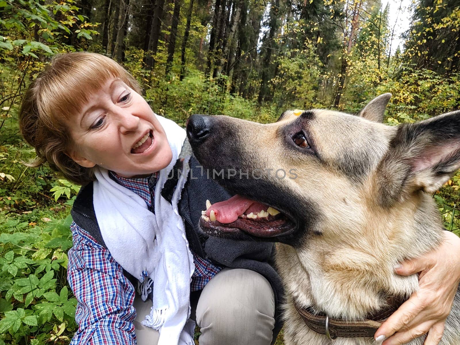 Adult girl with shepherd dog taking selfies in forest. Middle aged woman and big shepherd dog on nature. Friendship, love, communication, fun, hugs
