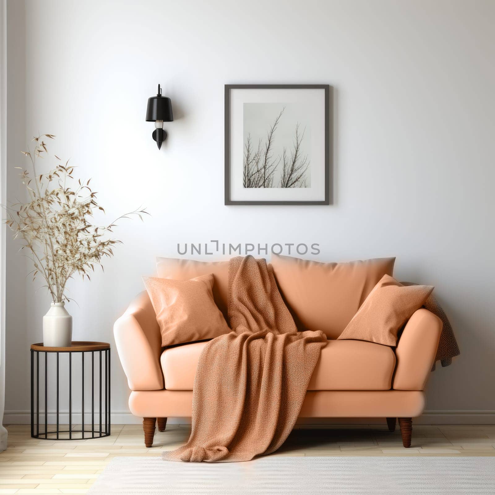 interior with sofa , concept color of the year 2024 Peach Fuzz. AI Generated by Desperada