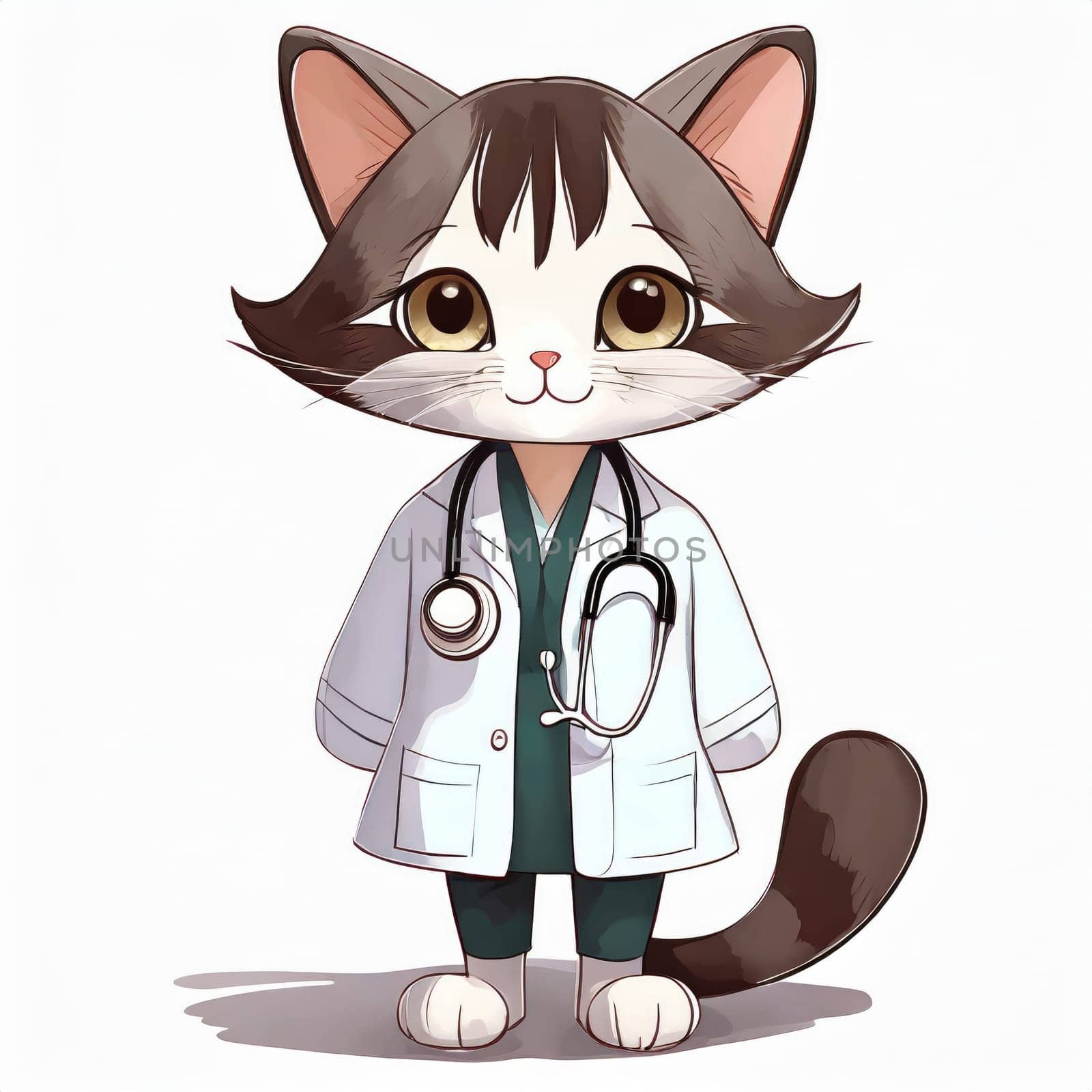 Anime cute a cat in doctor uniform on white background. AI generated. by PeaceYAY