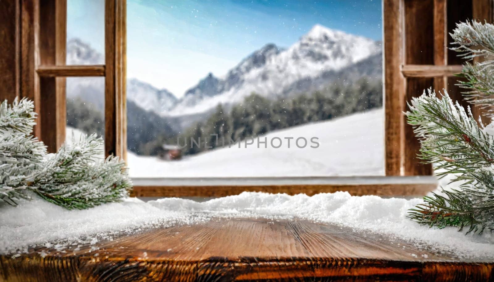 Wooden desk cover of snow and frost with christmas tree branch decoration.
