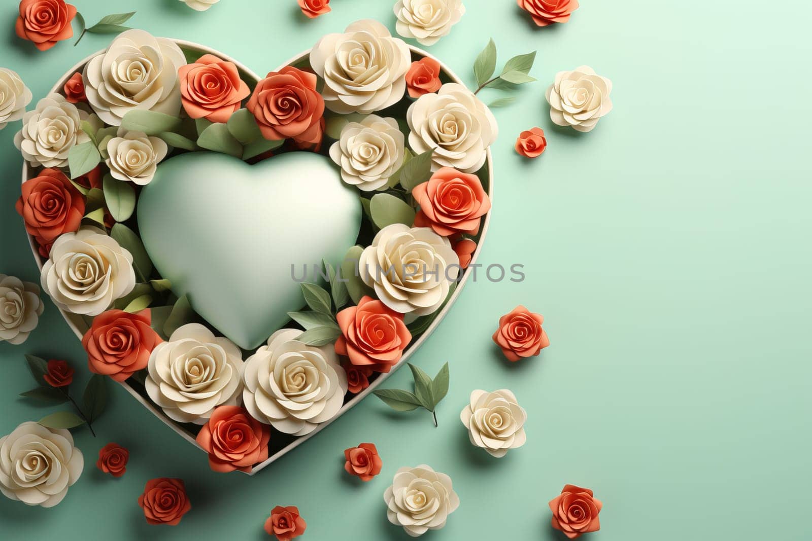 Valentine's Day blank space with gift boxes, roses, red heart, background generative ai. by Manastrong