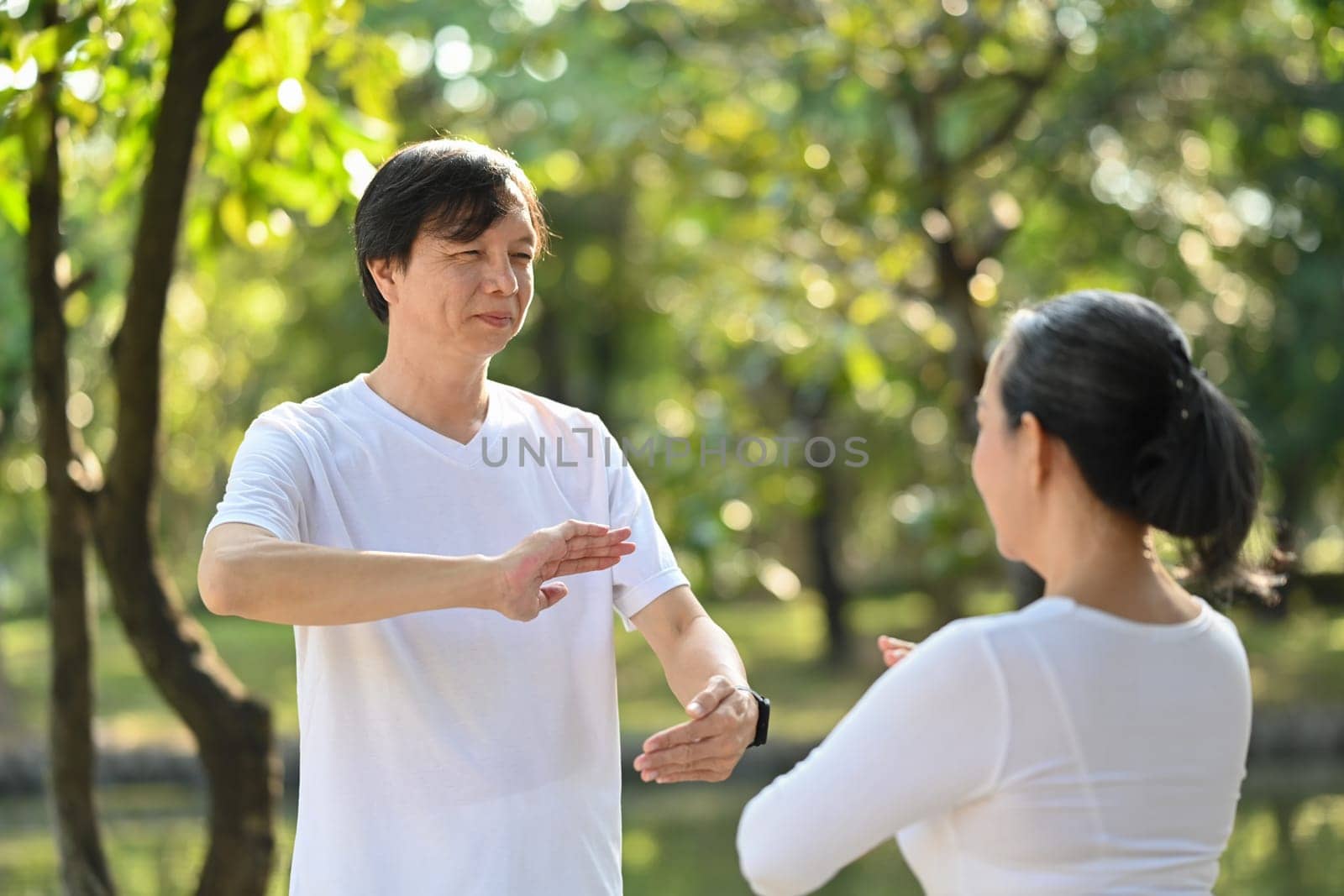 Happy senior people breathing fresh air while practicing Tai Chi Chuan in the park. Health care concept by prathanchorruangsak