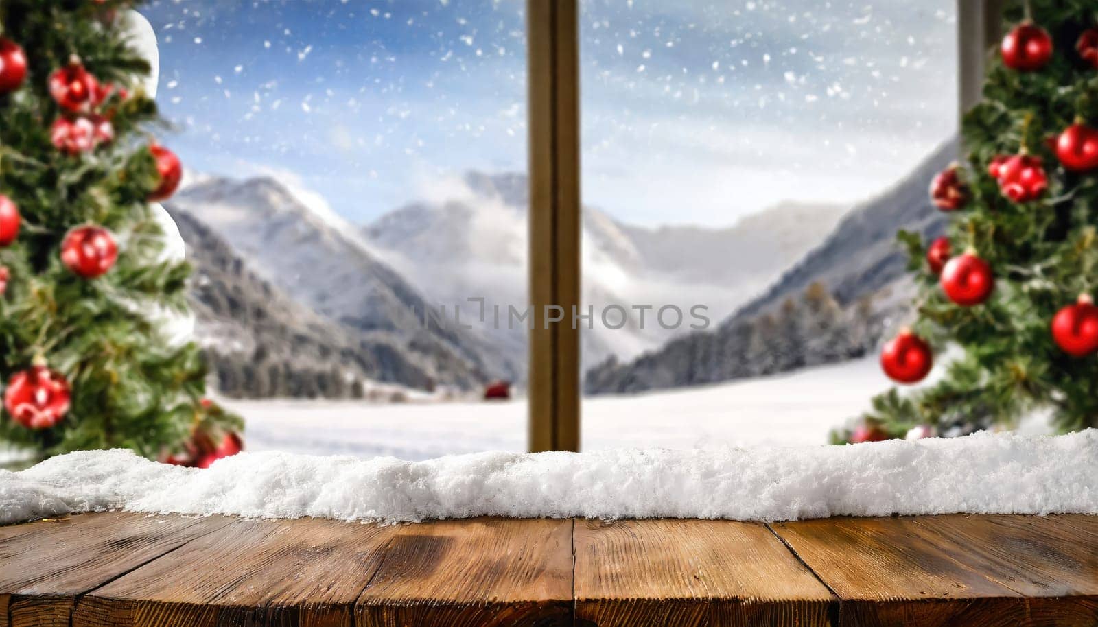 Wooden desk cover of snow and frost with christmas tree branch decoration photo. by PeaceYAY