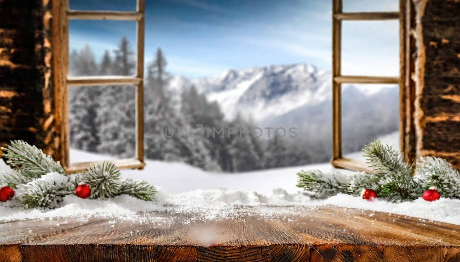 Wooden desk cover of snow and frost with christmas tree branch decoration photo. by PeaceYAY