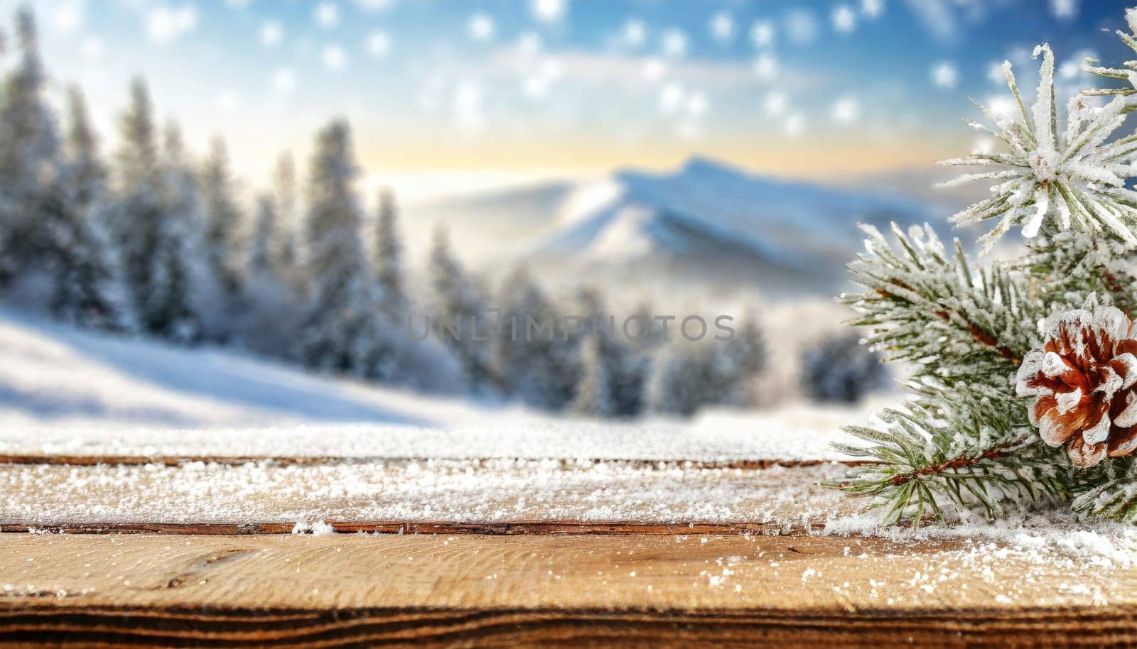 Wooden desk cover of snow and frost with christmas tree branch decoration.