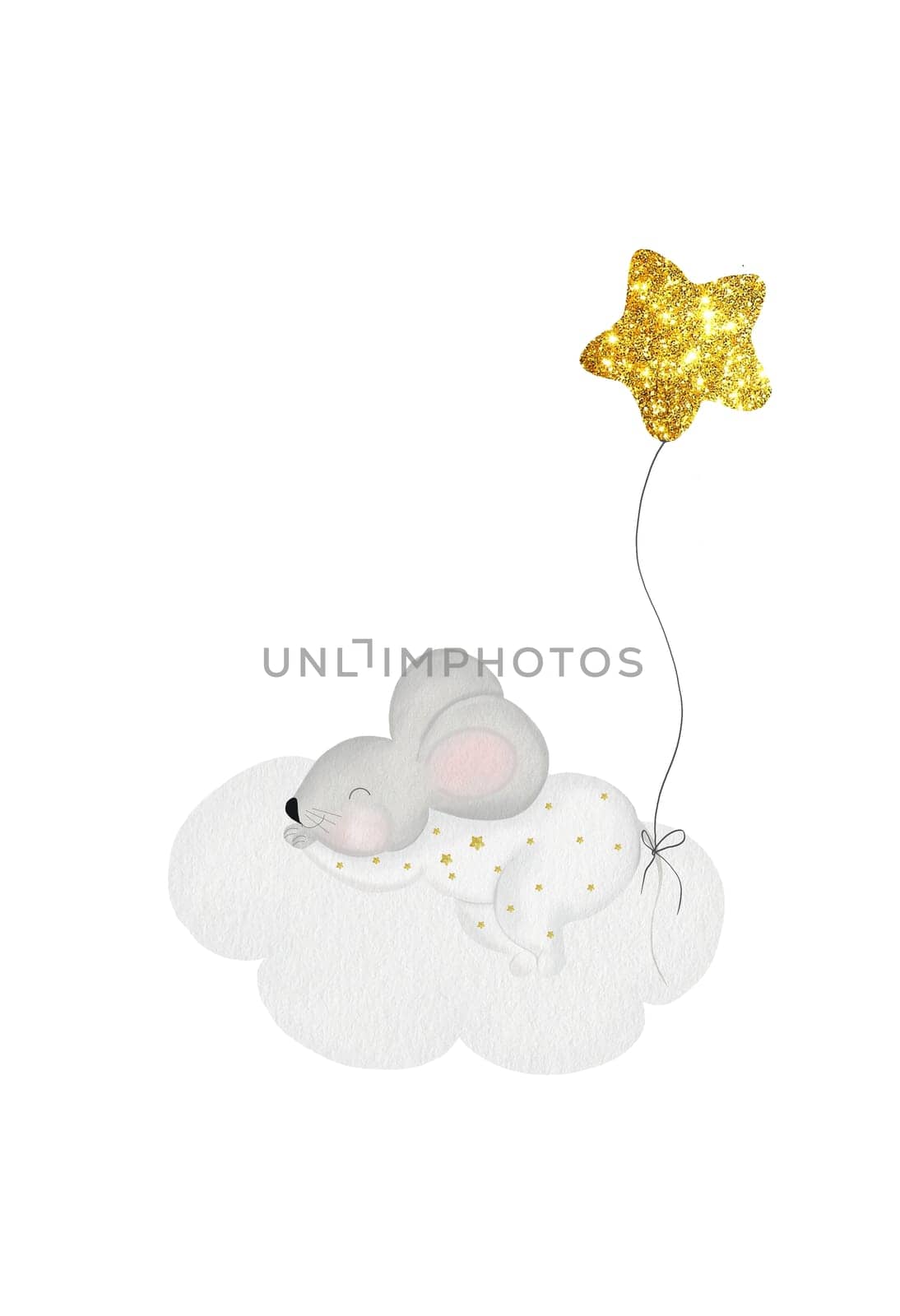 Watercolor cute postcard template drawing of a little mouse sleeping on a cloud. Delicate illustration in pastel colors for baby shower cards and posters in the children's room. cozy illustration.