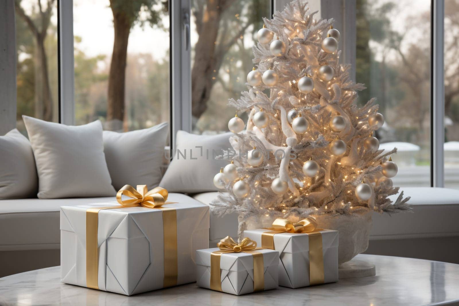 White modern home decorated for Christmas or New Year with a Christmas tree and gifts, a sofa and an illuminated window creating a warm festive atmosphere.