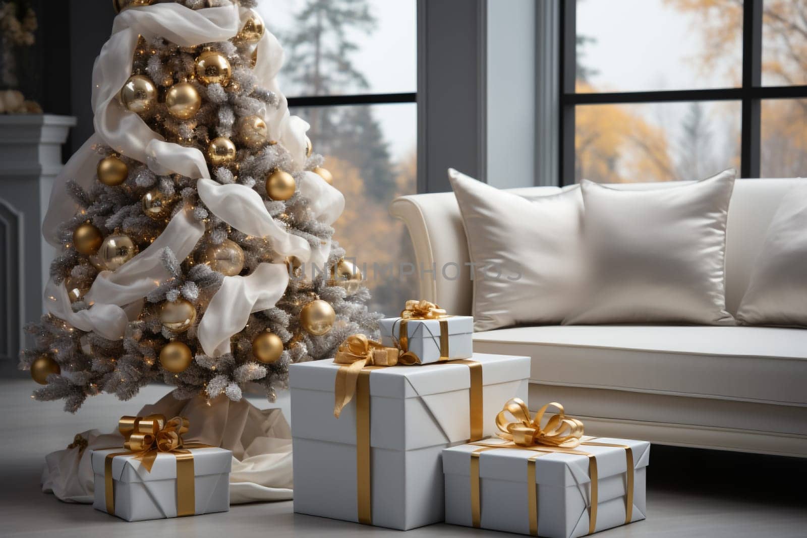 White modern home decorated for Christmas or New Year with a Christmas tree and gifts, a sofa and an illuminated window creating a warm festive atmosphere.