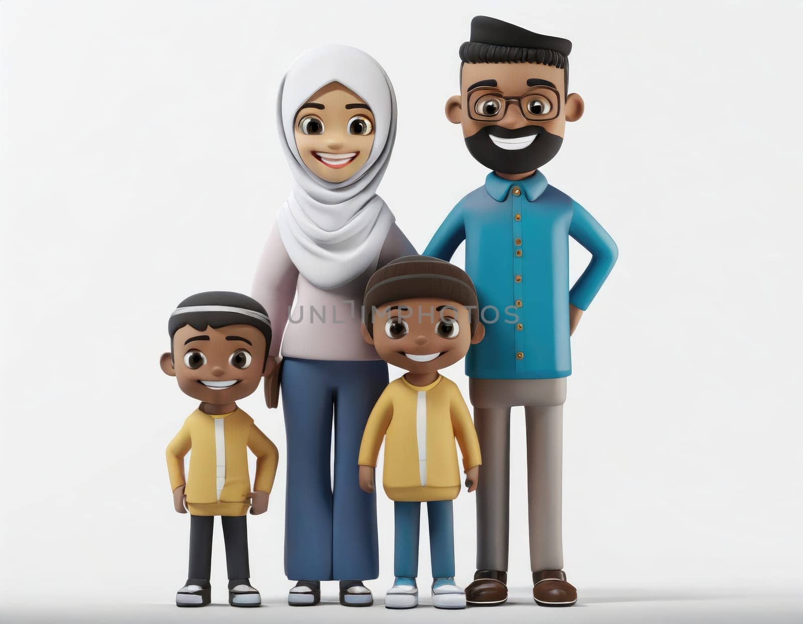 cute 3d character Muslim Family on White background, mother, father, boy and girl sons