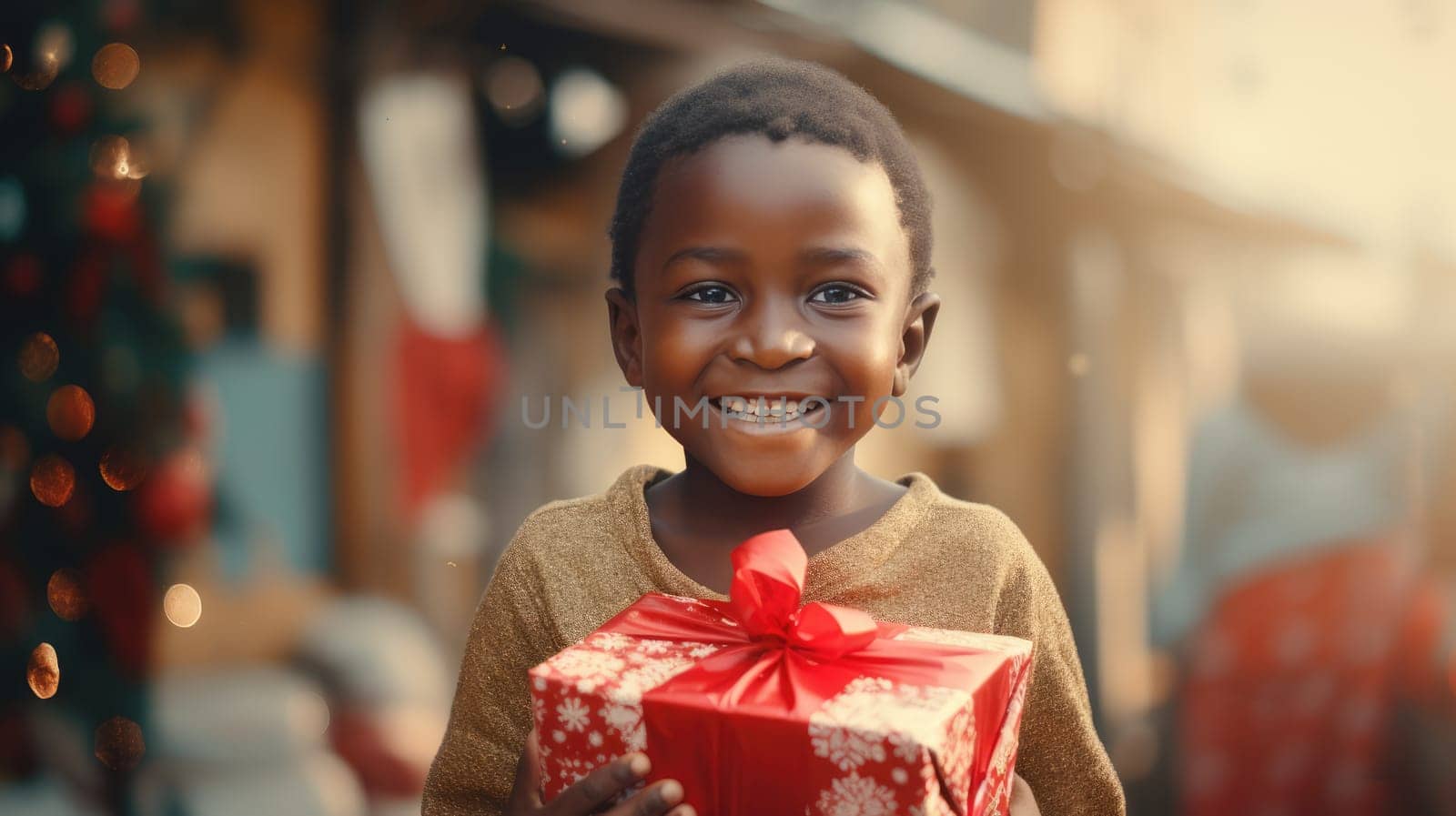 African kid with big giftbox is looking to the camera dusty street on background. Christmas support. Give and share kindness