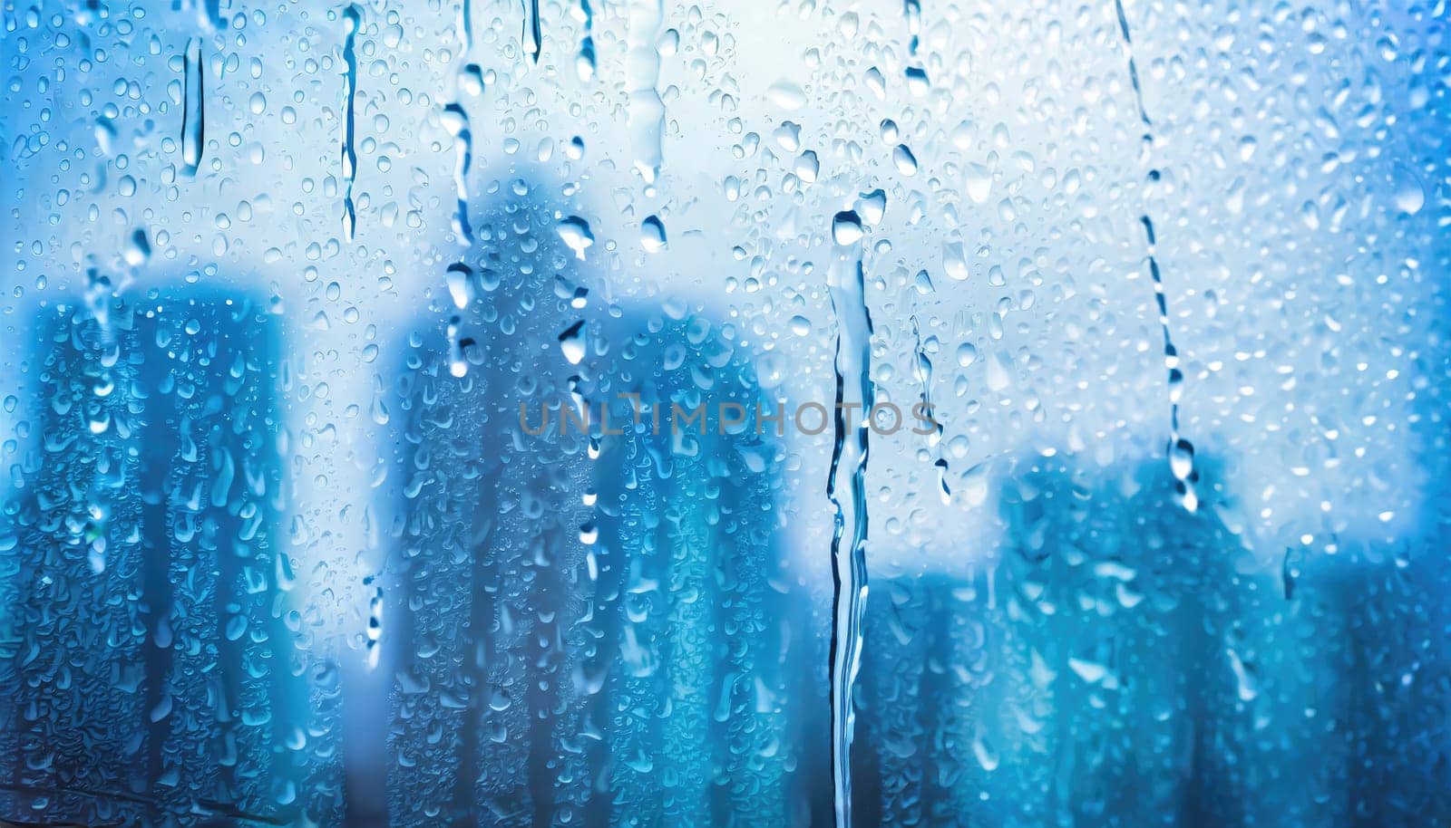 Closeup through window of rainy day with water dripping down glass against blurred