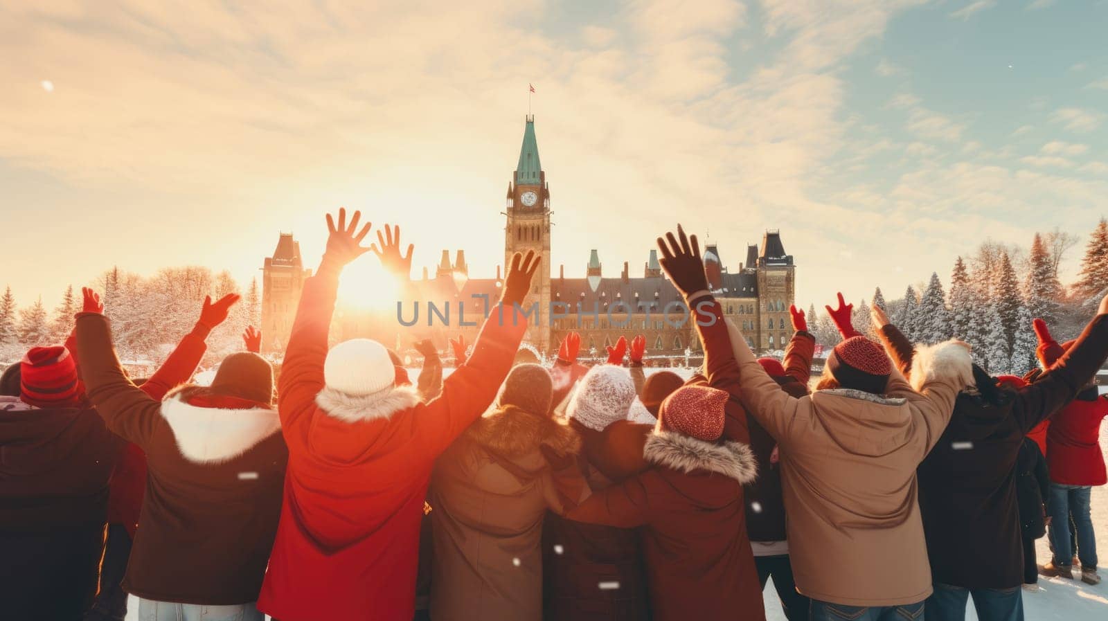 Happy Canadian wearing winter clothes celebrating Christmas holiday at Parliament Hill. People having fun hanging out together walking on city street. Winter holidays and relationship concept by JuliaDorian