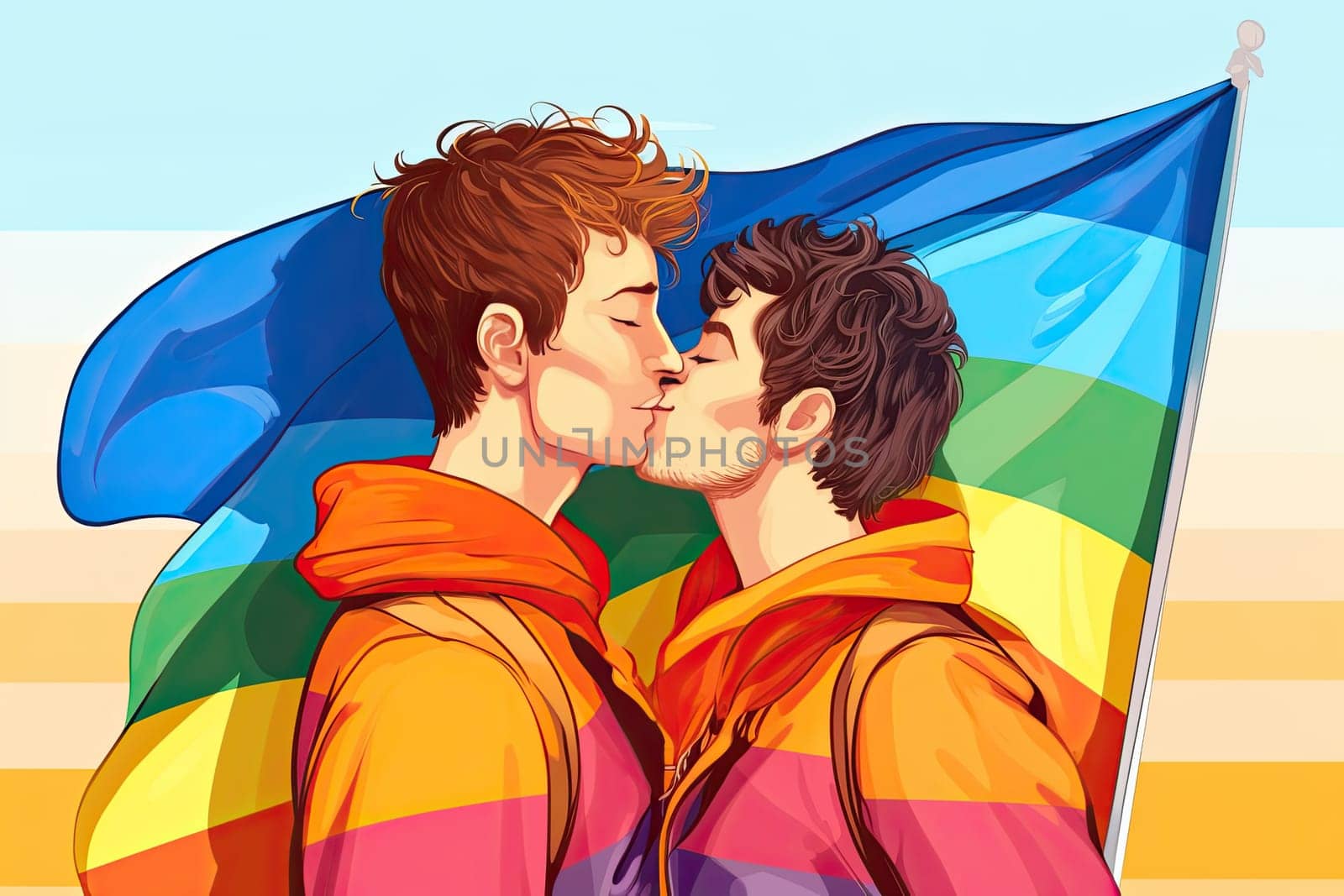 illustration LGBTQ gay couple kissing each other. Two man kiss lgbt flag pride month love valentine.