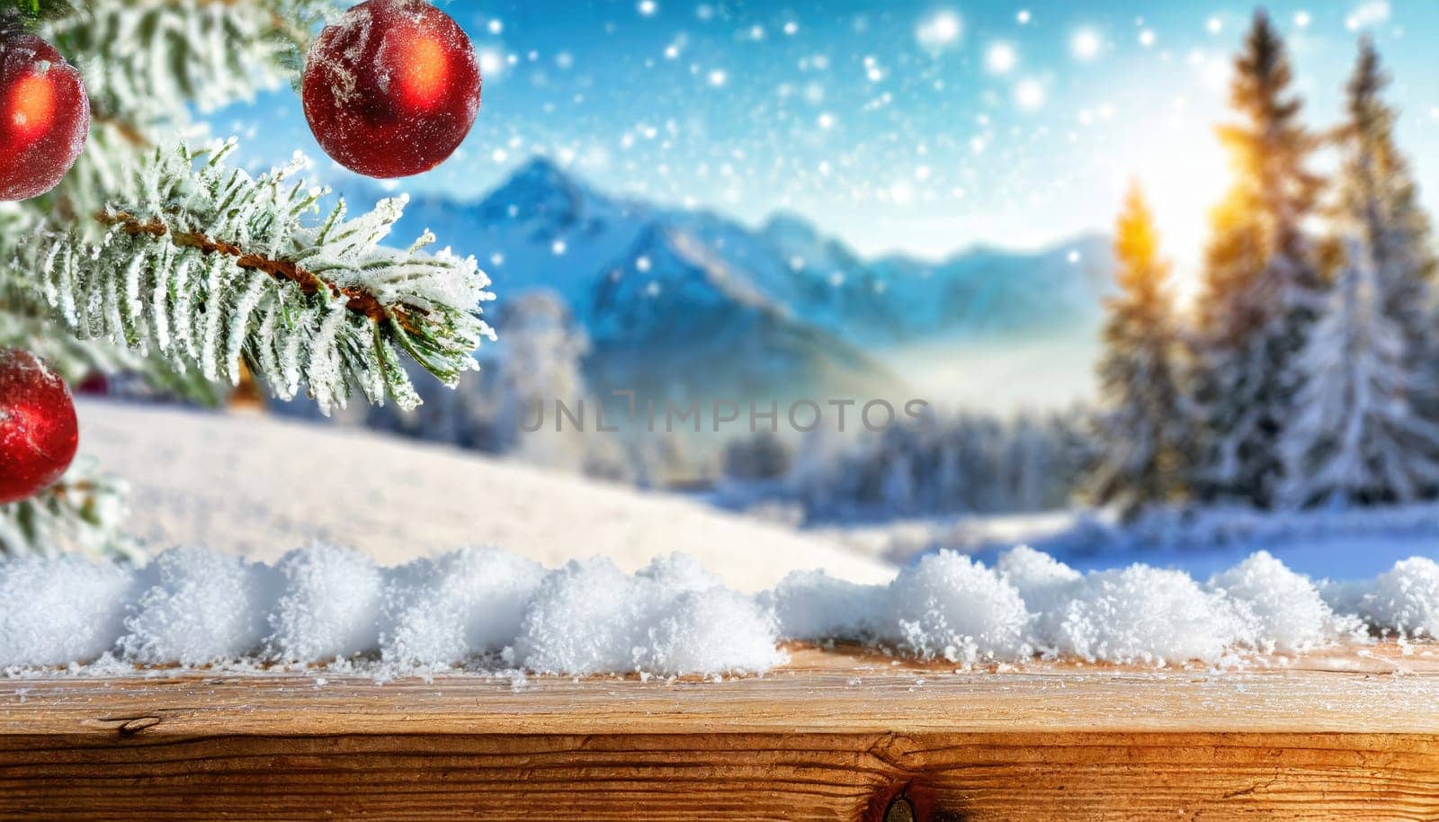 Wooden desk cover of snow and frost with christmas tree branch decoration.