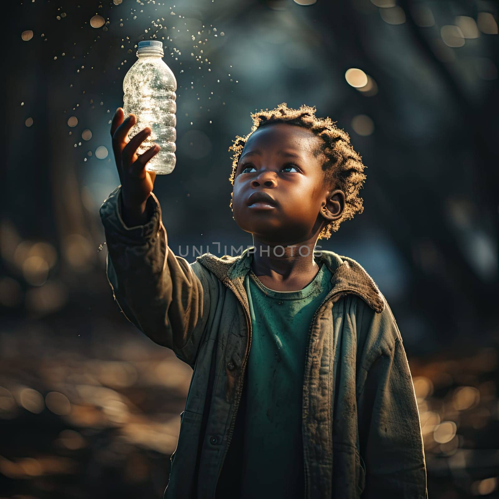 African kid holding an empty water bottle. Social issues and global warming concept.