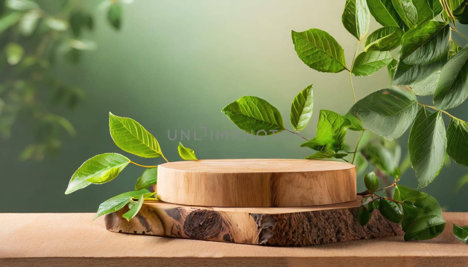 wood podium with green leaves for organic health products placement display mokcup template. 