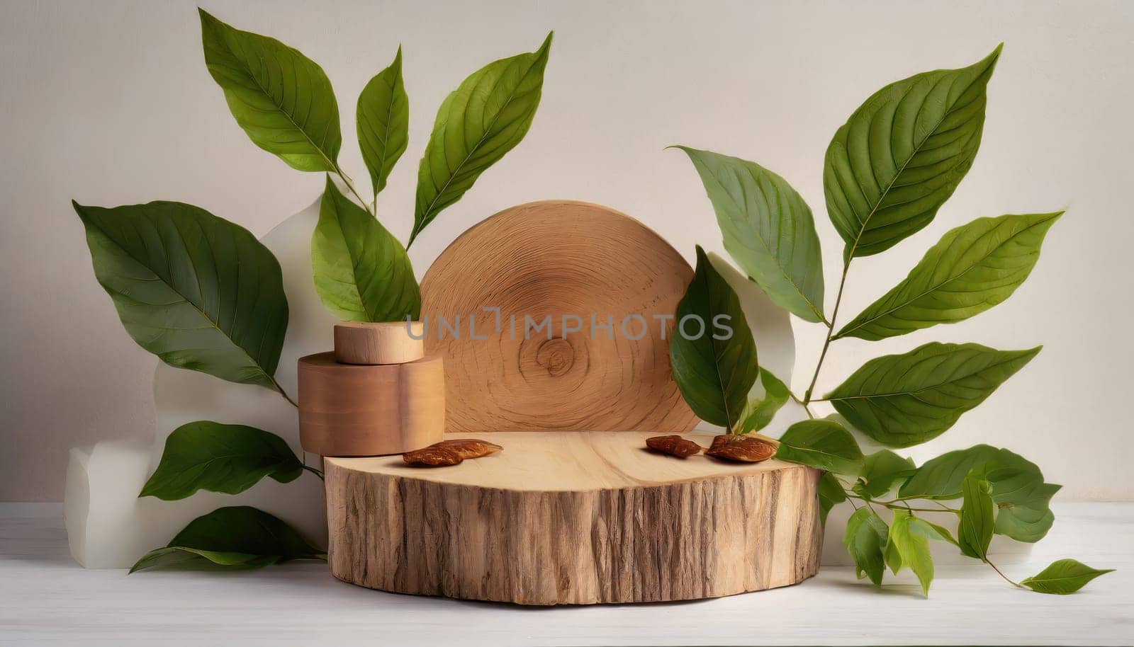 wood podium with green leaves for organic health products placement display mokcup template. 