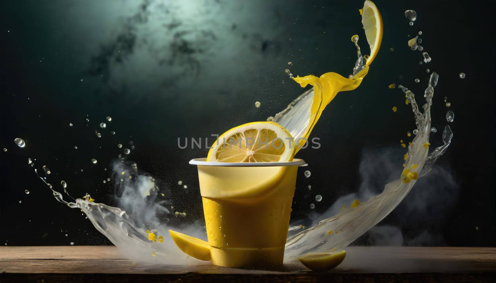 smoothly lemon in plastic cup, Cold steam on the glass, show for advertise media, lemon splash.