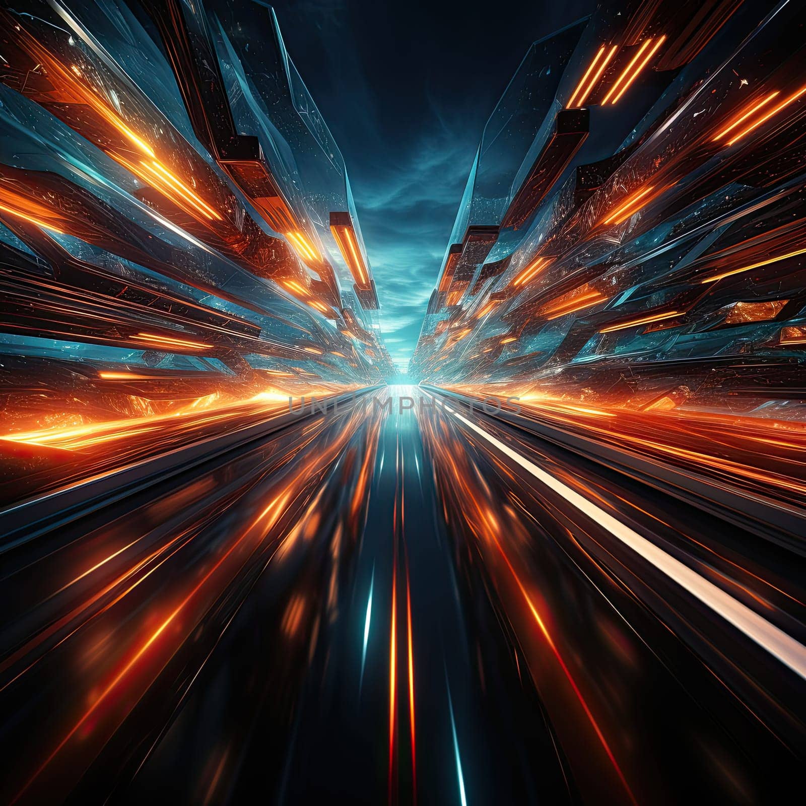 Abstract hyperspace illustration of speed time tunnel with futuristic holographic projections.