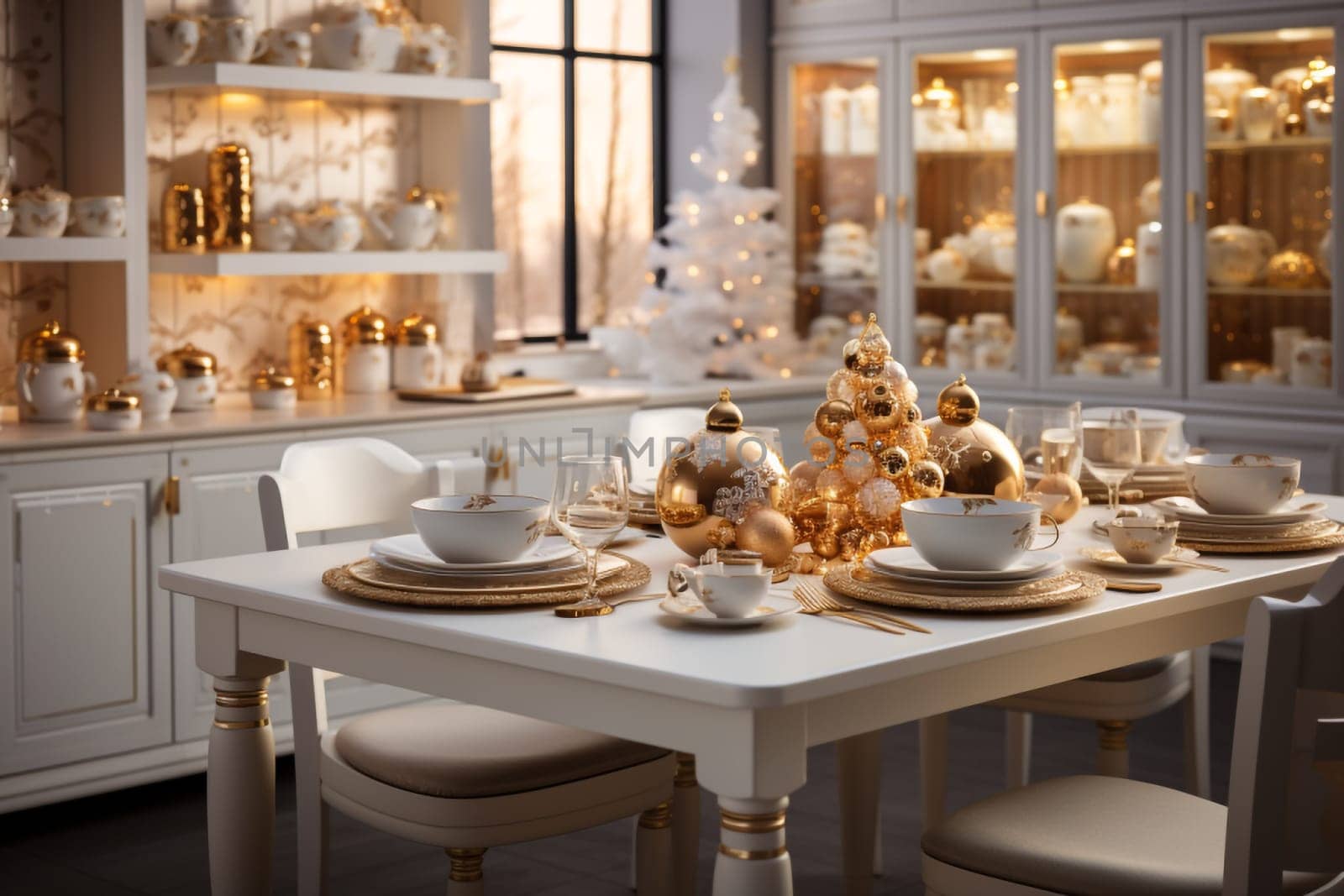 White modern kitchen decorated for chrismas with red decorations, in a Scandinavian style. No people.