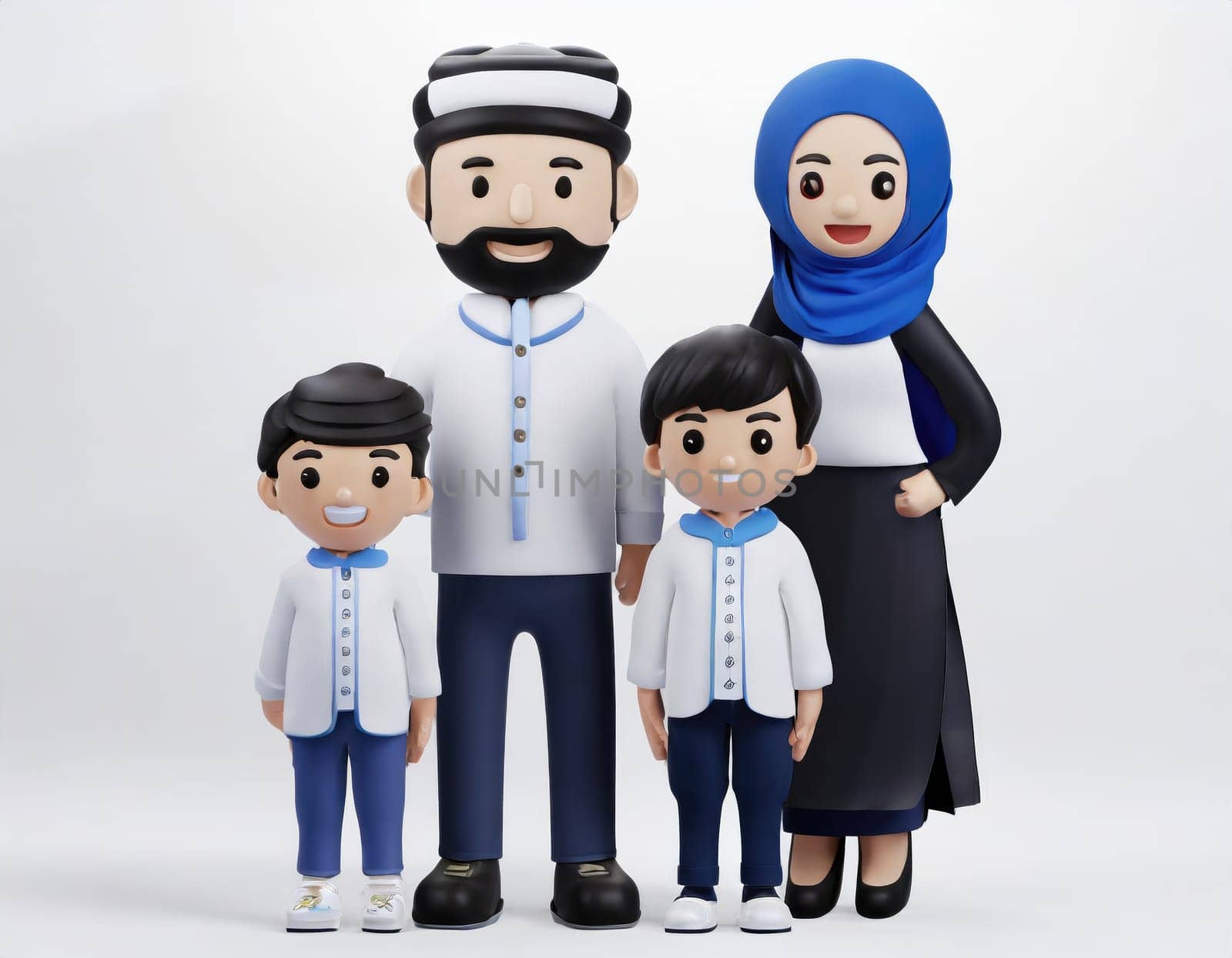 cute 3d character Muslim Family on White background, mother, father, boy and girl sons