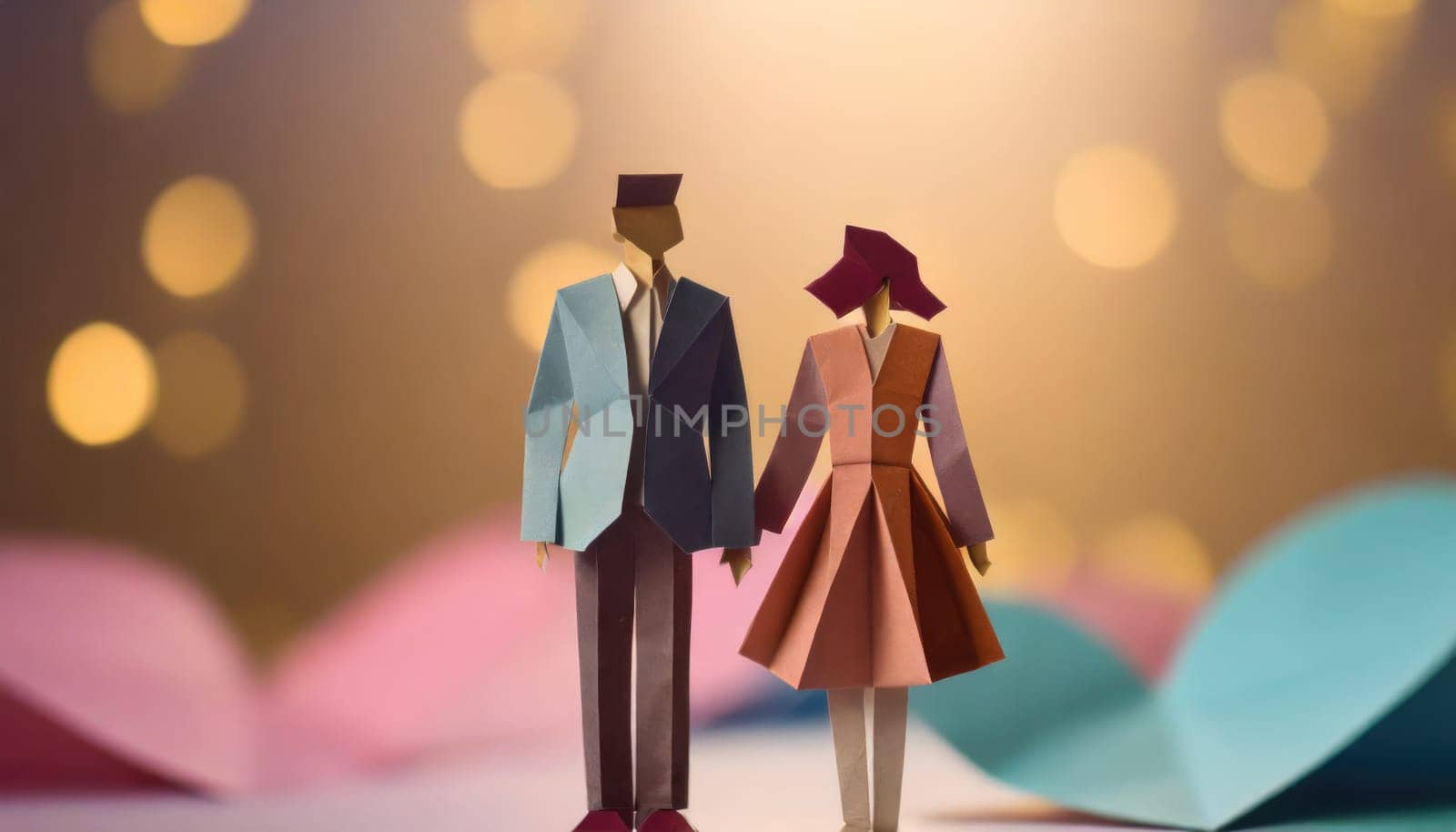  a couple, valentine concept, paper origami cool colors backlighting, paper art.