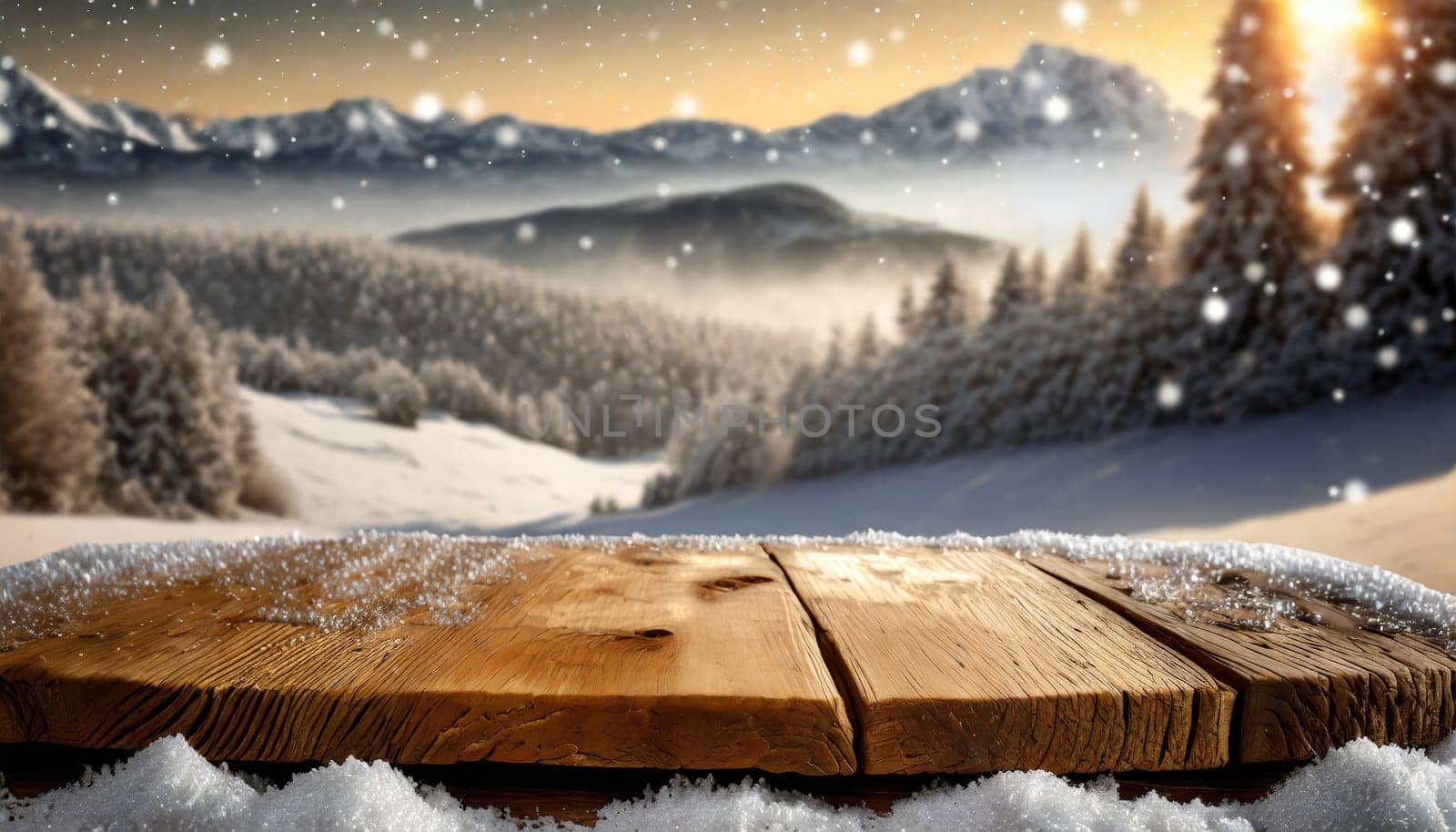 Wooden desk cover of snow and frost with christmas tree branch decoration.