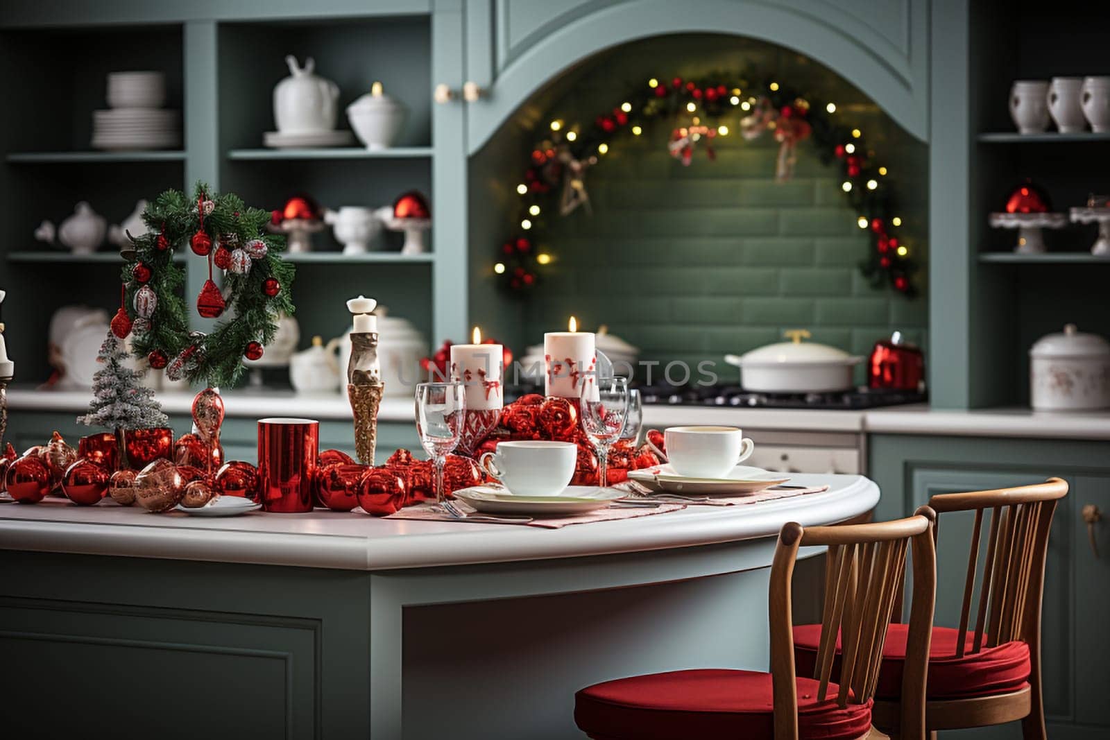 White modern kitchen decorated for chrismas with red decorations, in a Scandinavian style. No people.