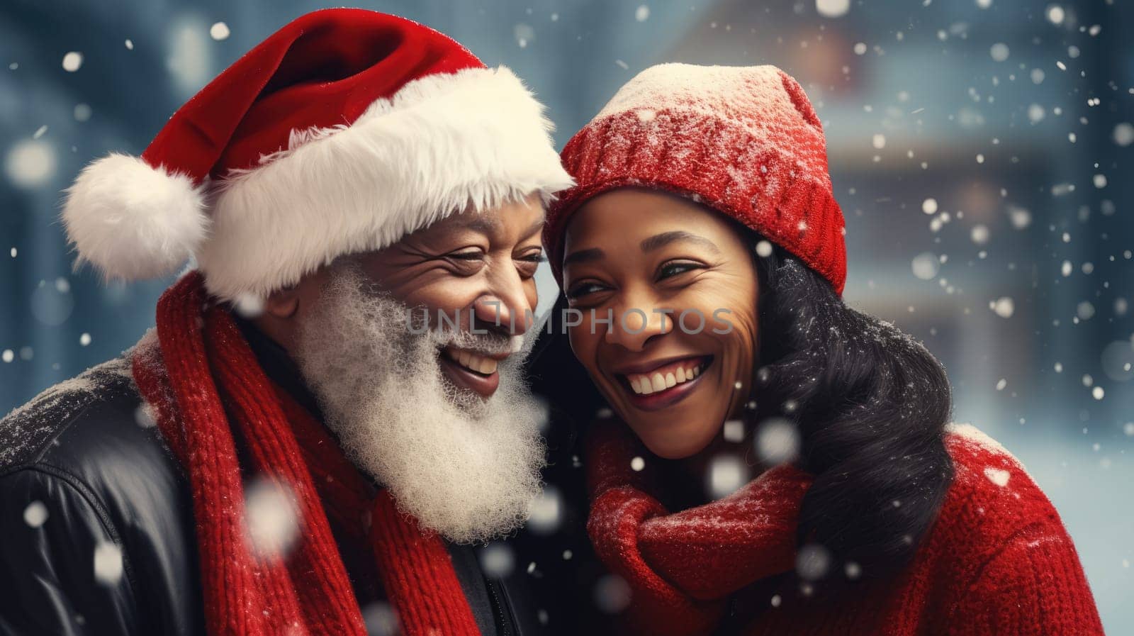 Senior African American couple smiling and wearing Santa hats, looking at camera. Family time Christmas celebration