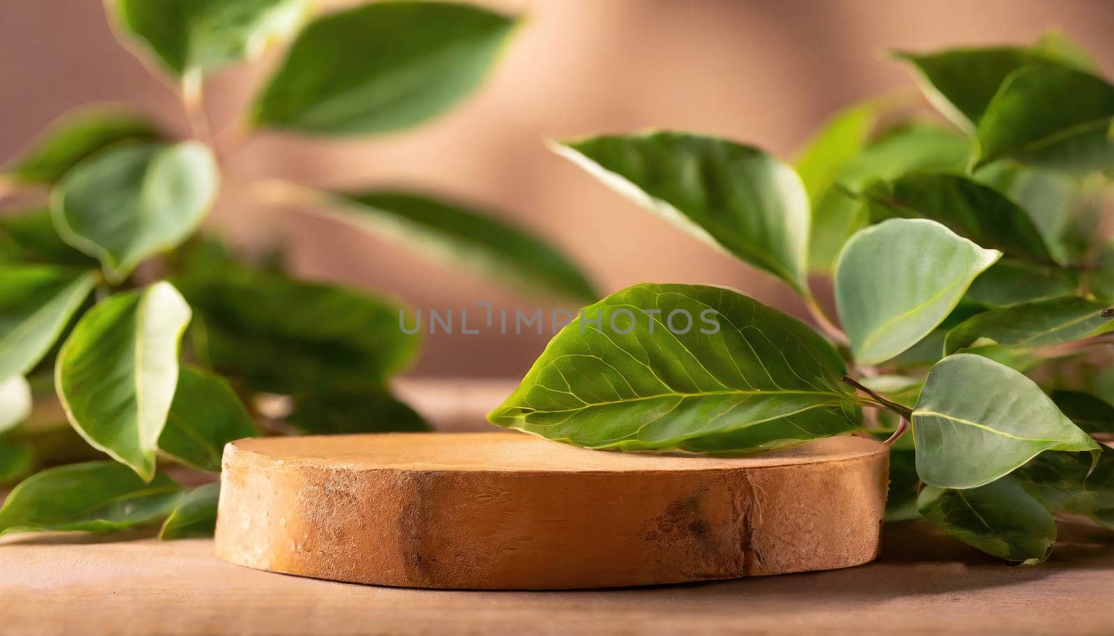 wood podium with green leaves for organic health products placement display mokcup template. 