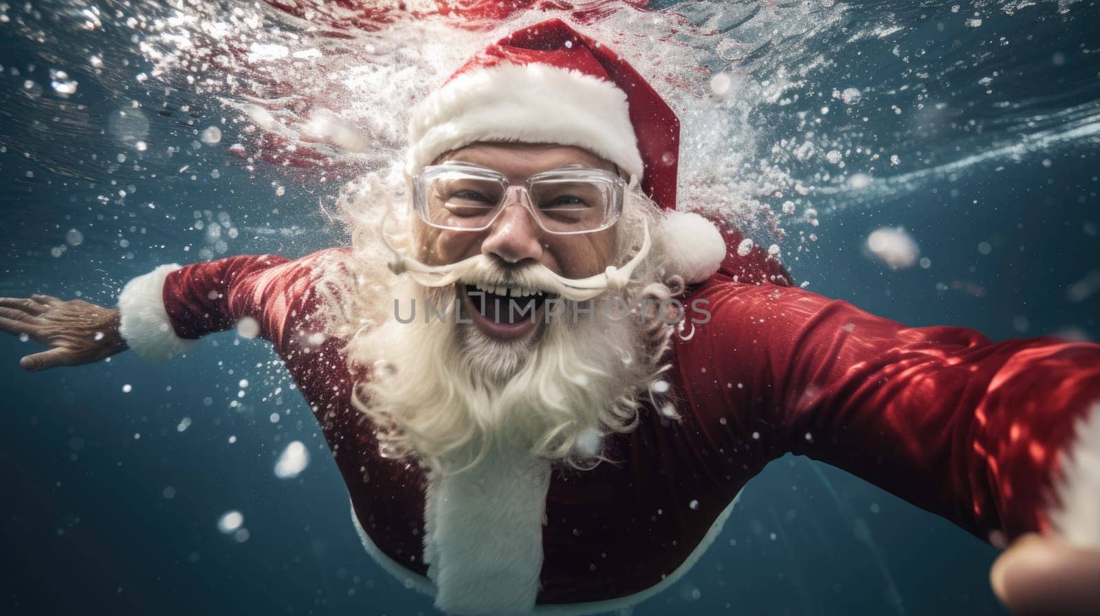 Santa Claus swim and relax in blue transparent pool water. Merry Christmas and Happy New Year travel destinations concept