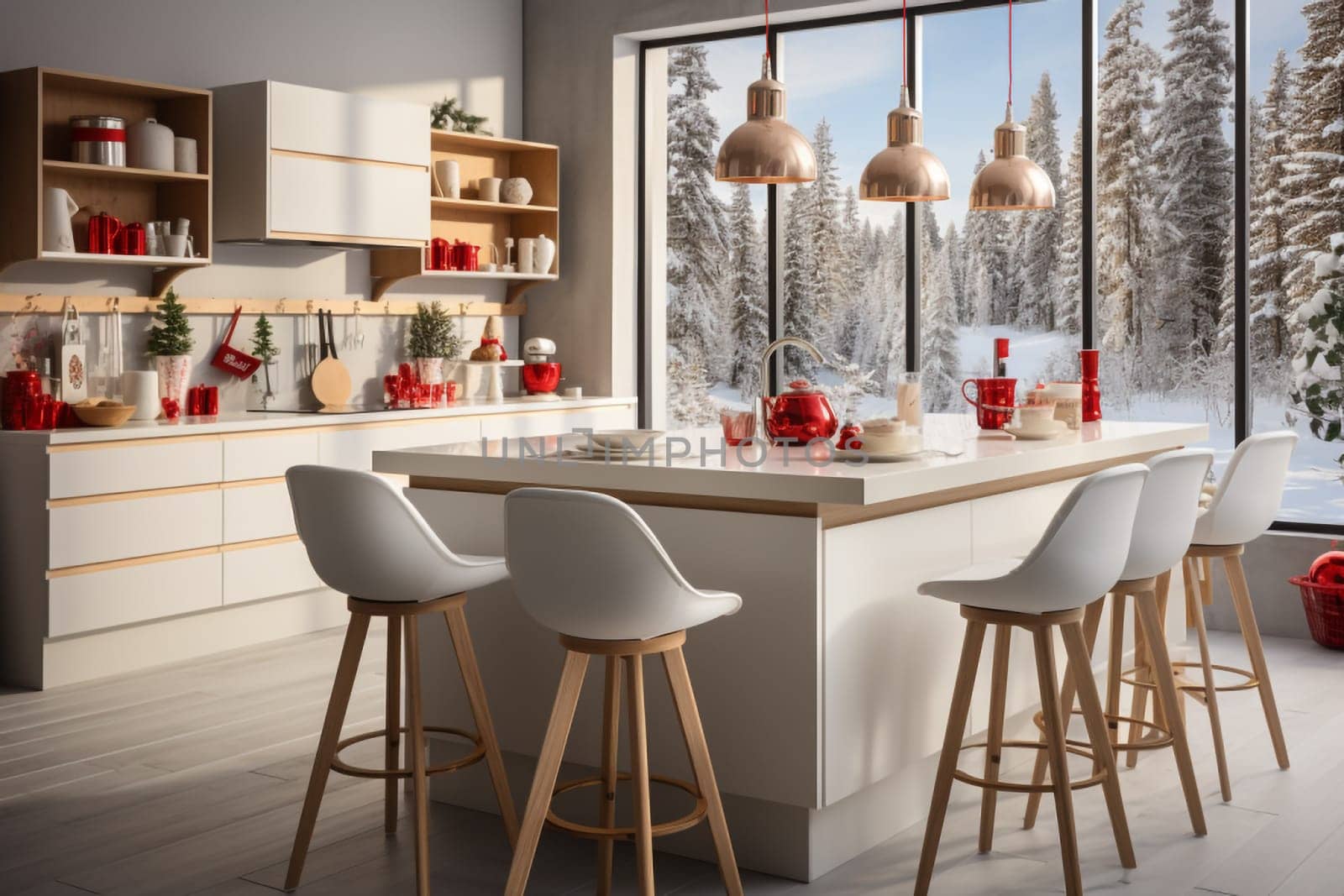 White modern kitchen decorated for chrismas with red decorations, in a Scandinavian style. No people.